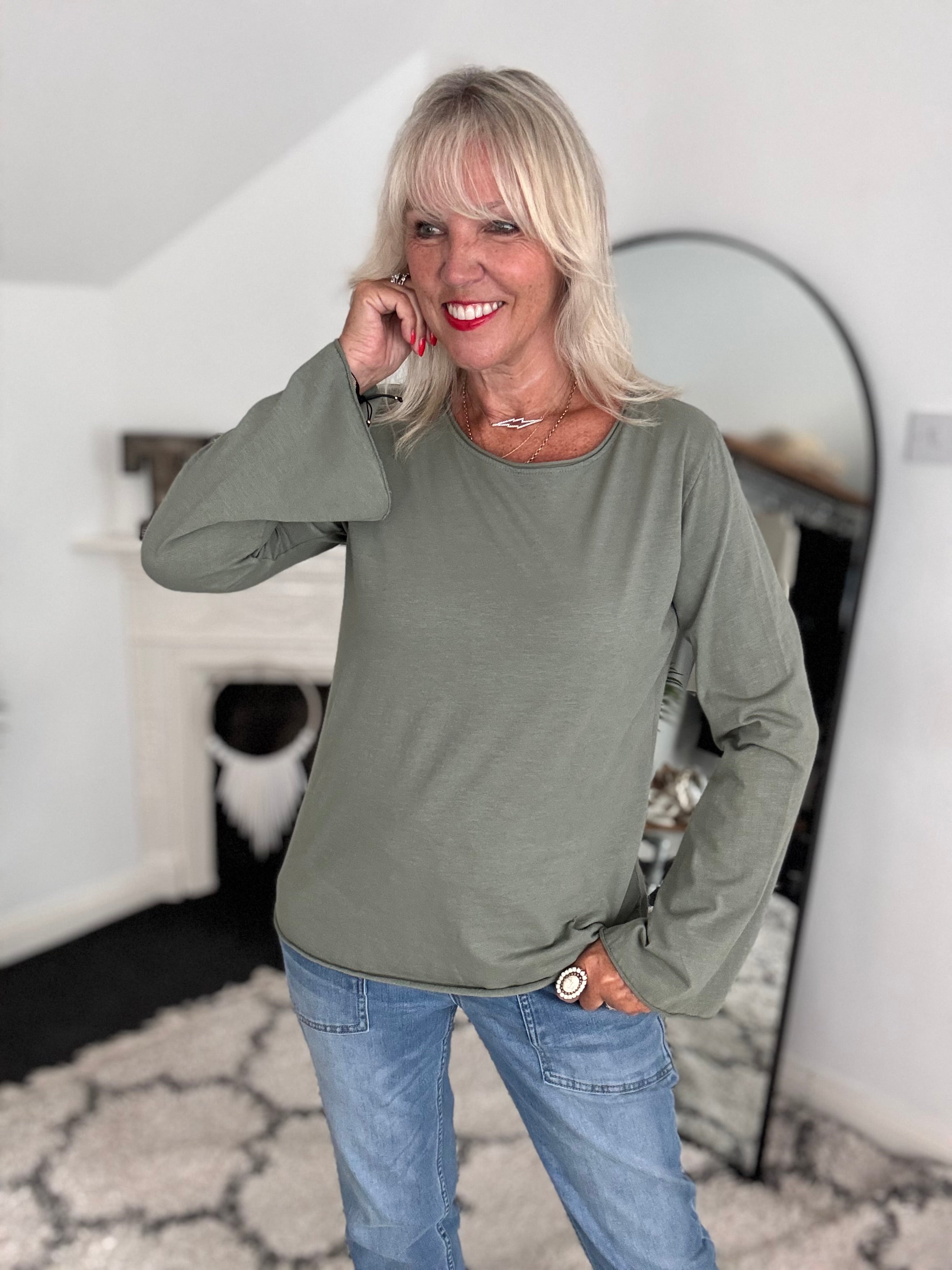 Long Sleeve Top with Flare Sleeves in Khaki