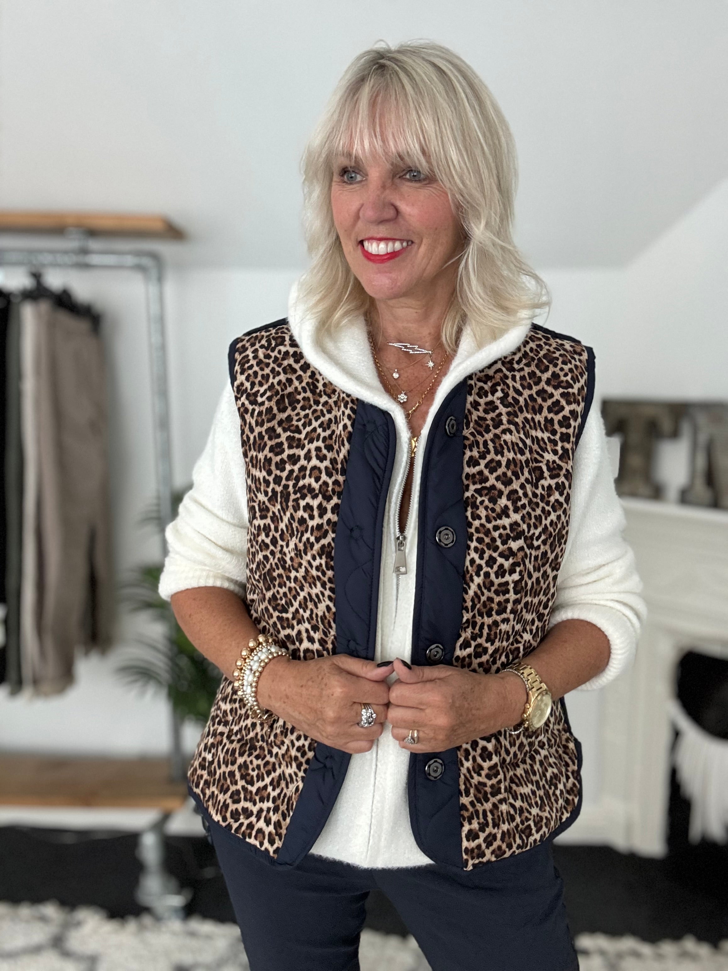 Reversible Quilted Gilet in Navy & Leopard