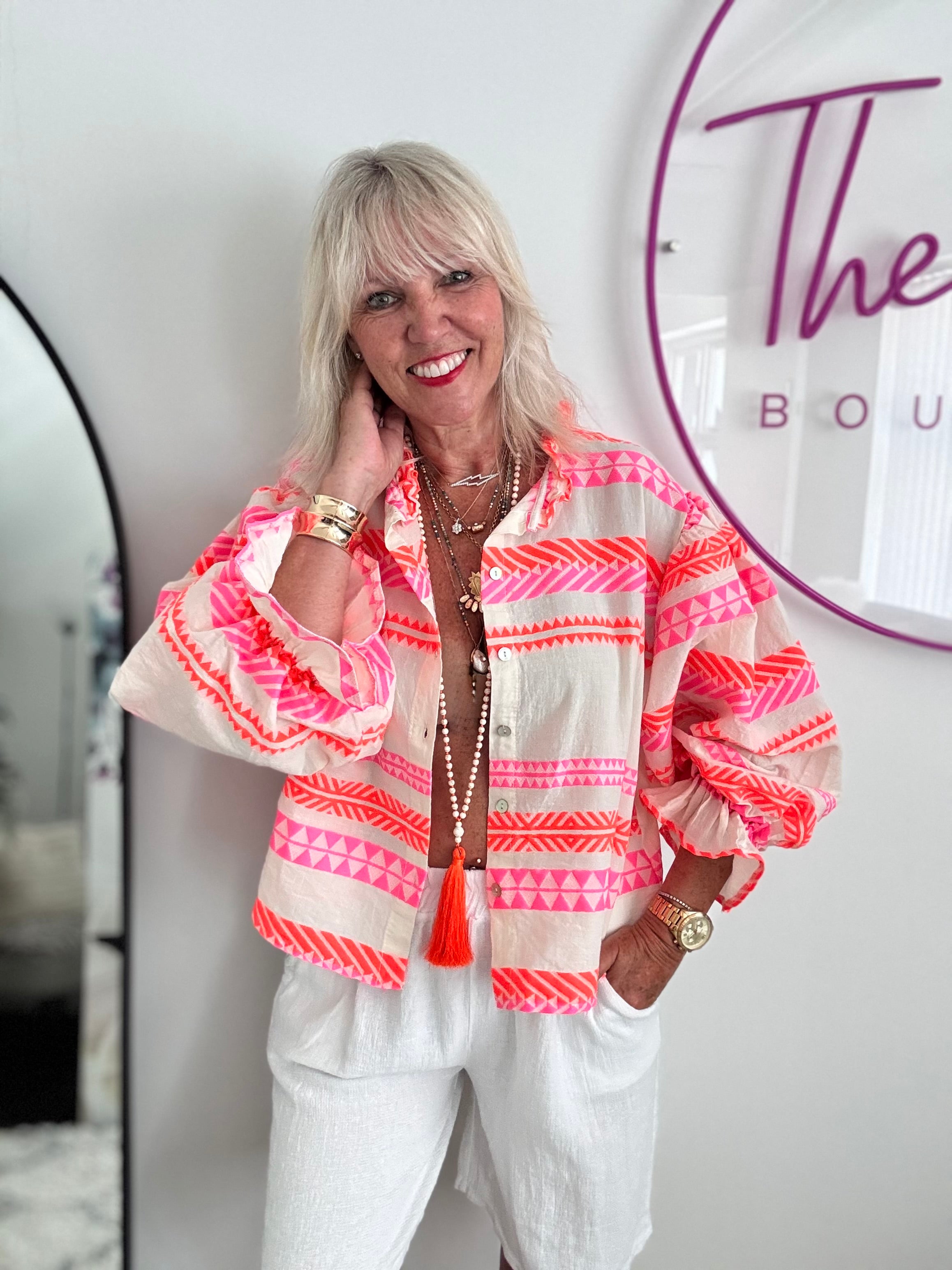 Embroidered Shirt in Neon Pink & Orange