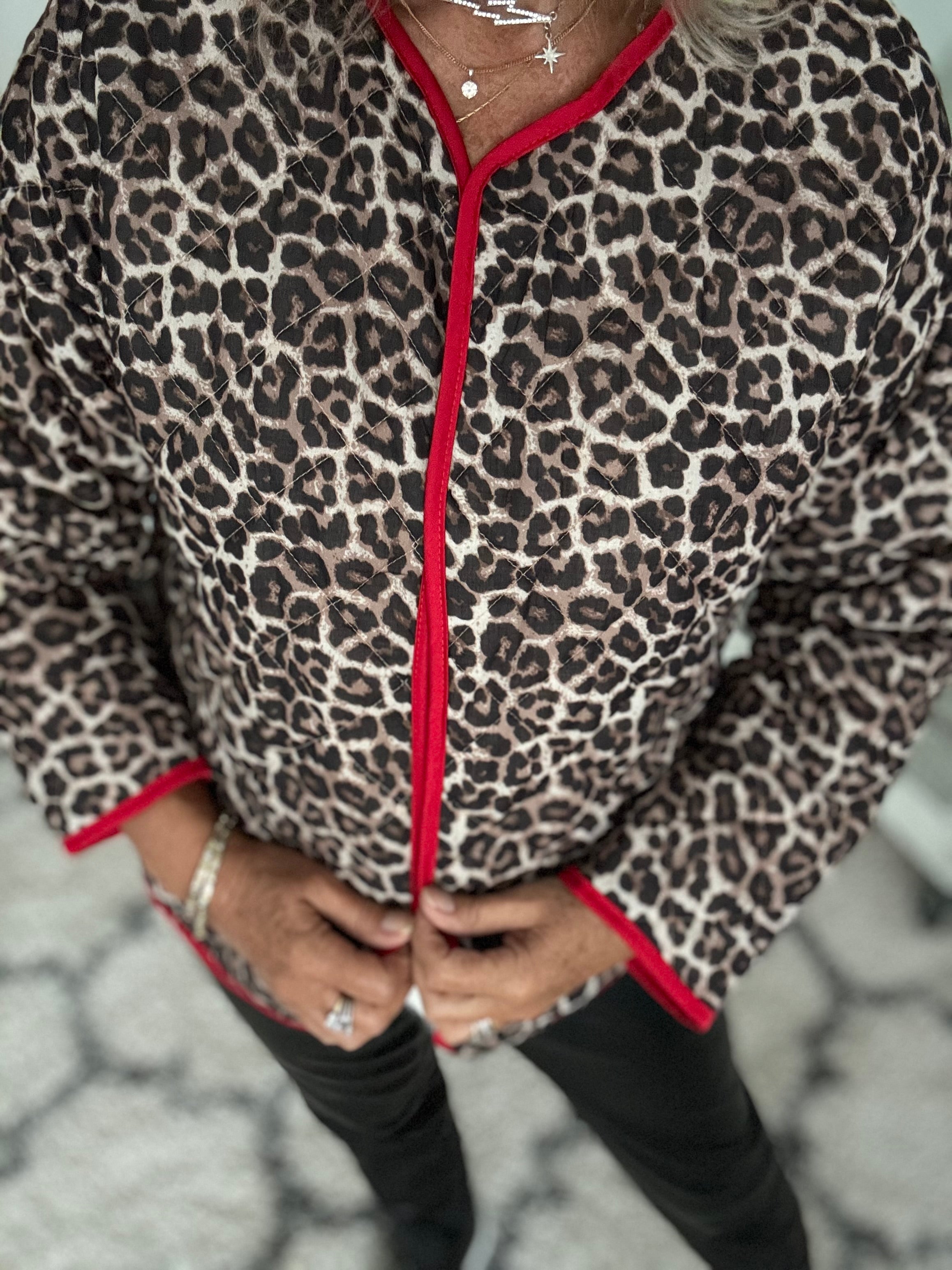 Quilted Leopard Print Jacket with Red Trim