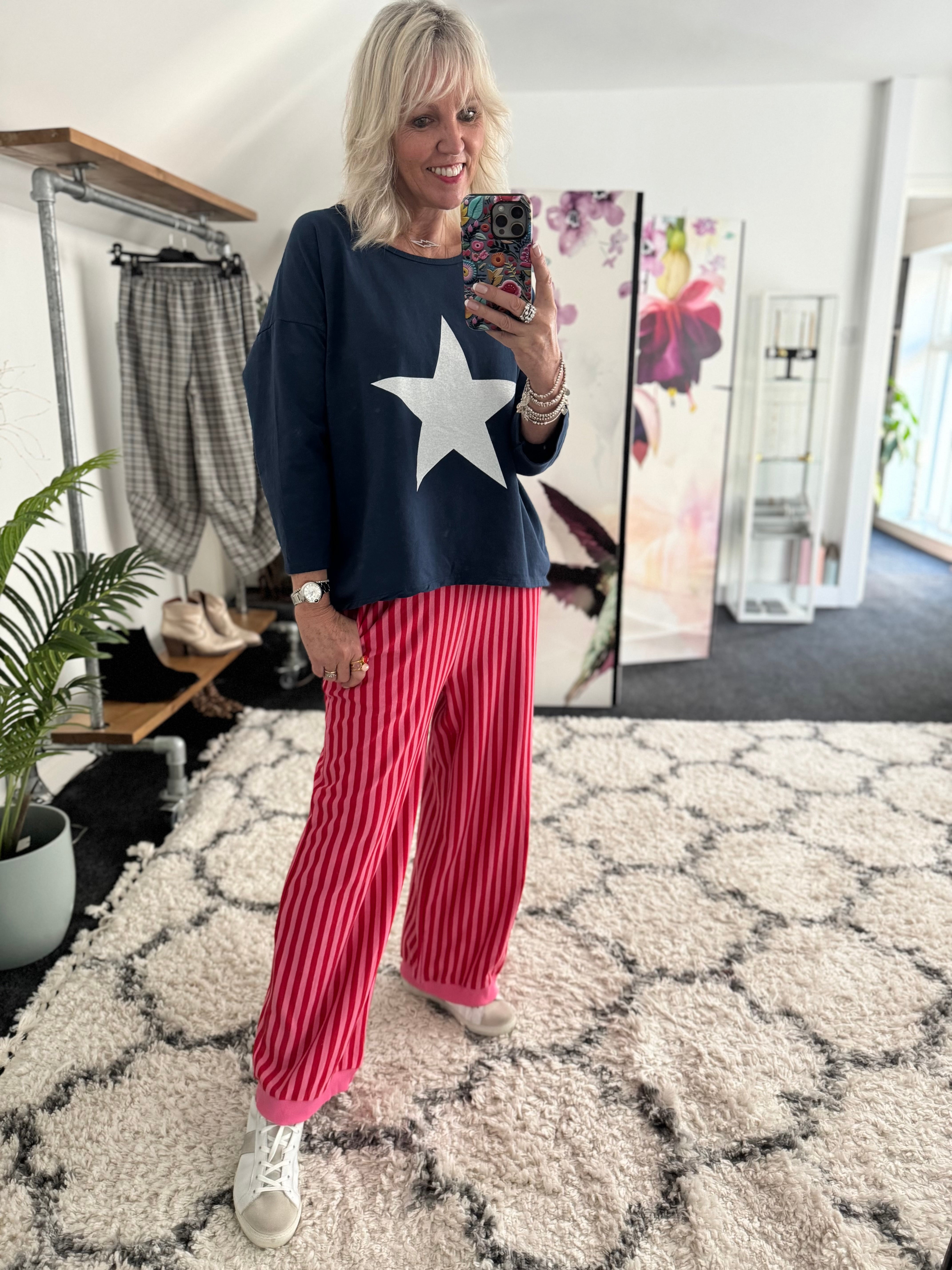 Stretch Stripe Trousers in Pink & Red