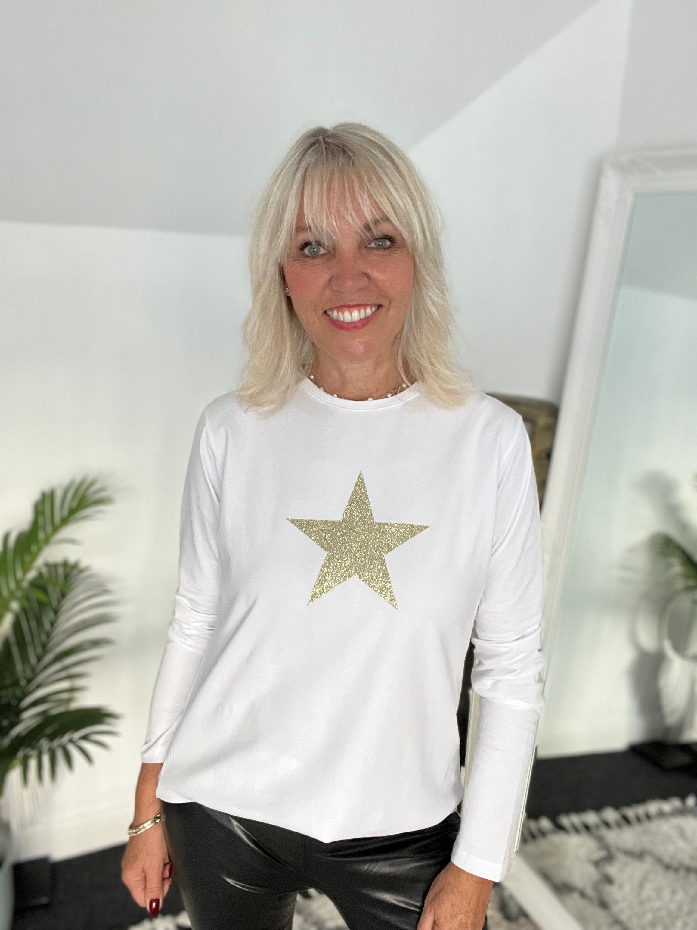 White Long Sleeve Top with Champagne Glitter Star