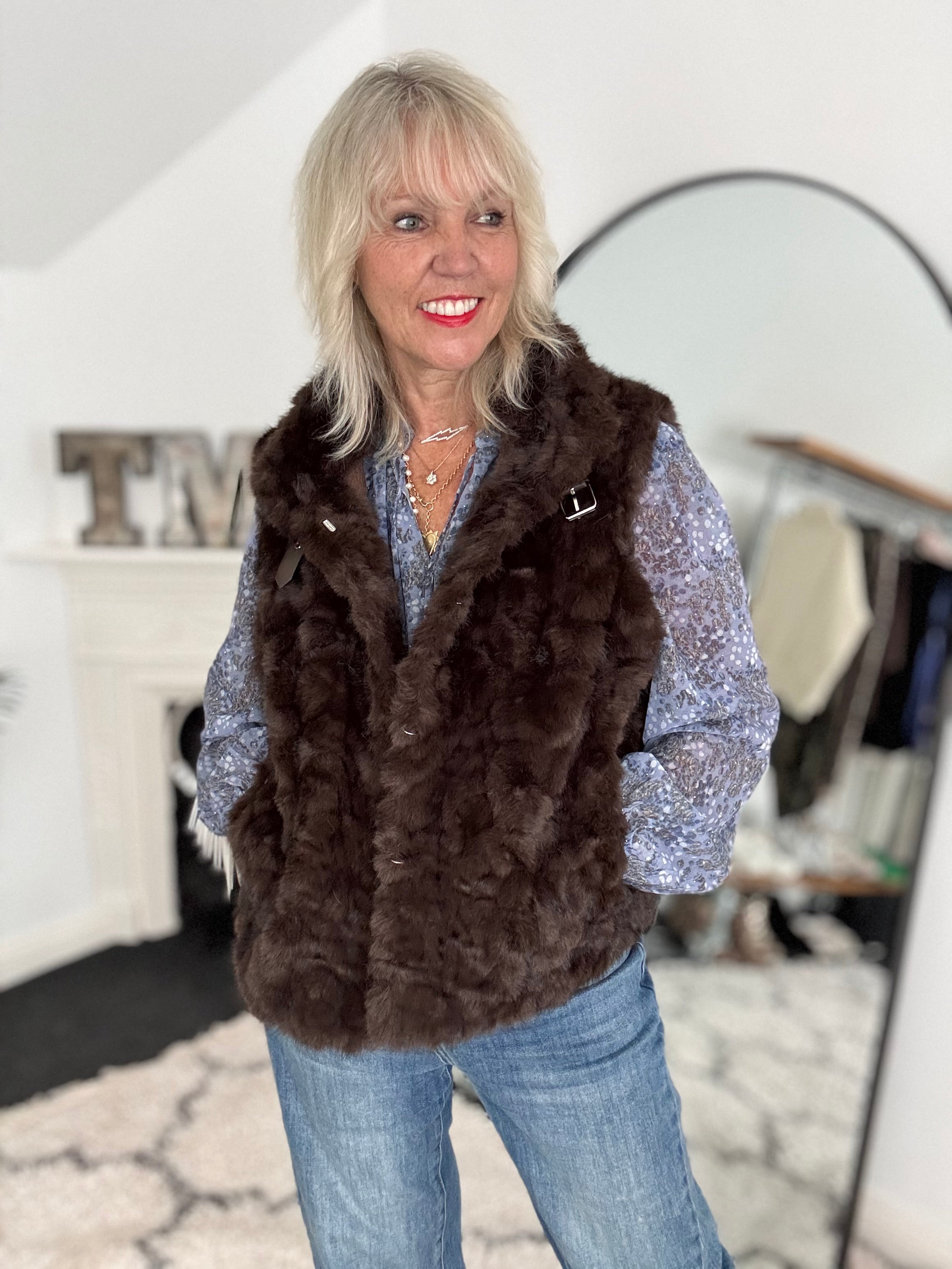 Designer Faux Fur Gilet in Chocolate