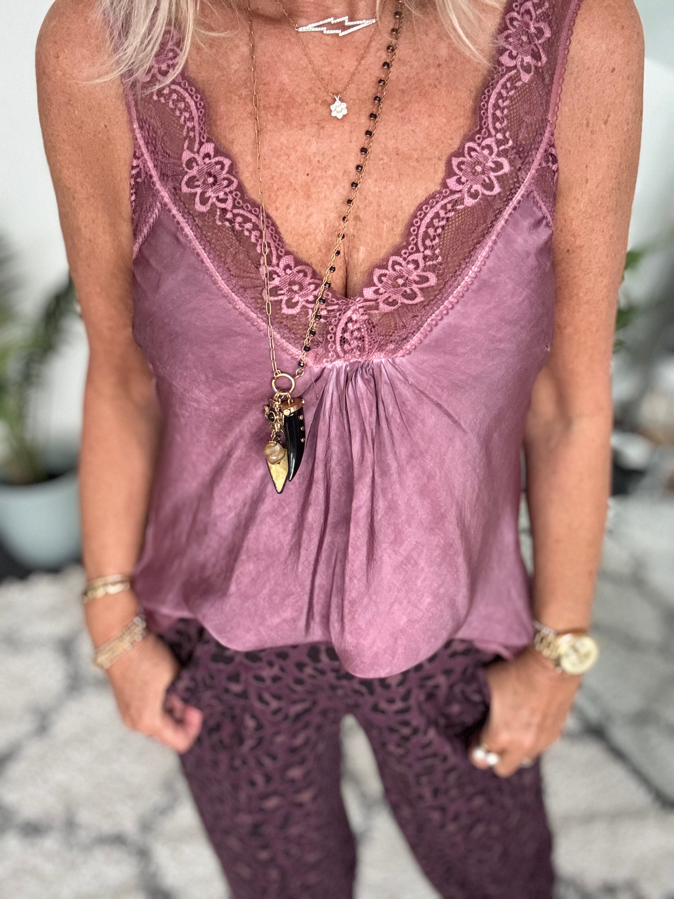 Lace Trim Silk Cami in Plum