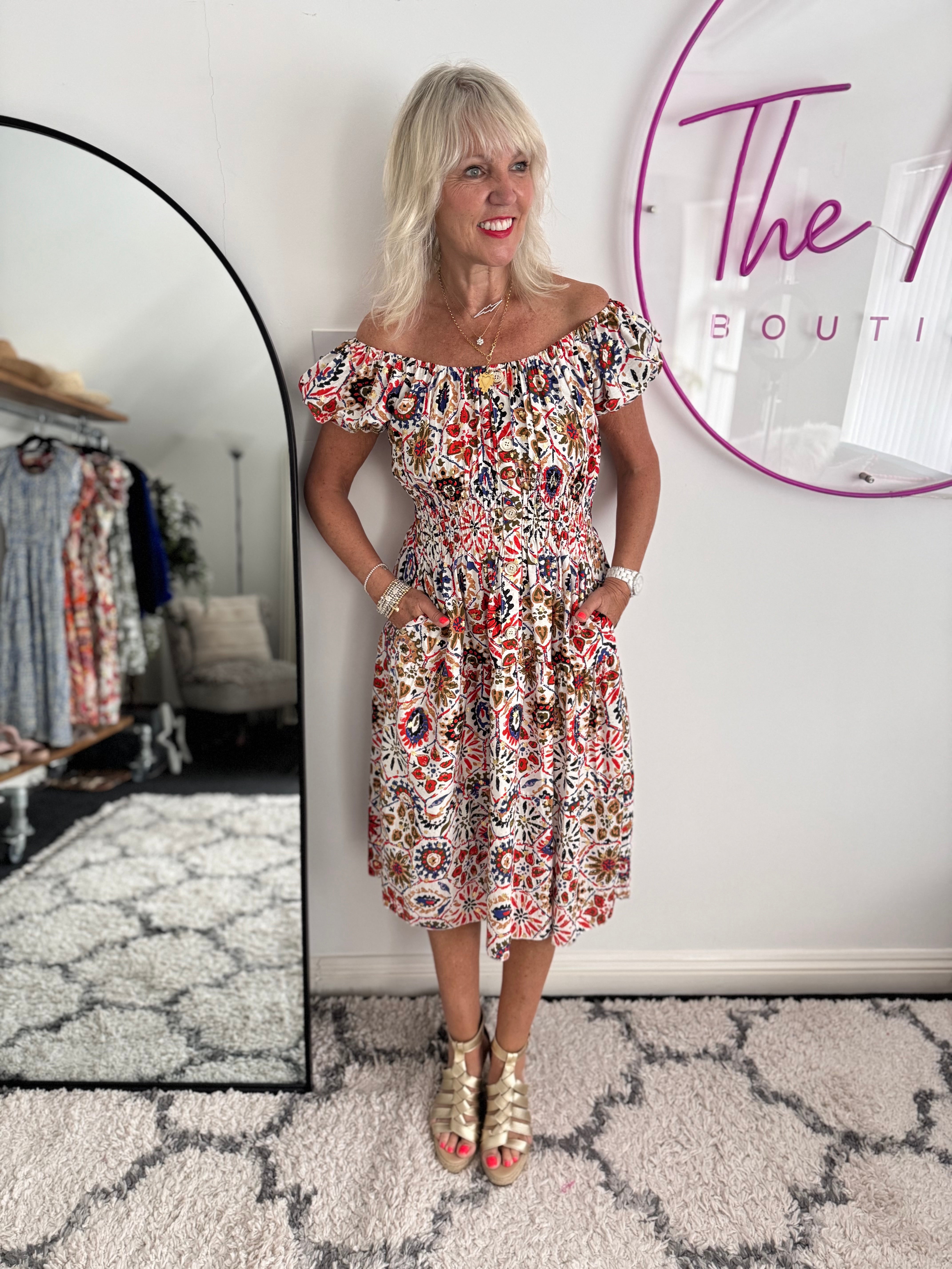 Bardot Dress in Red & Blue Print