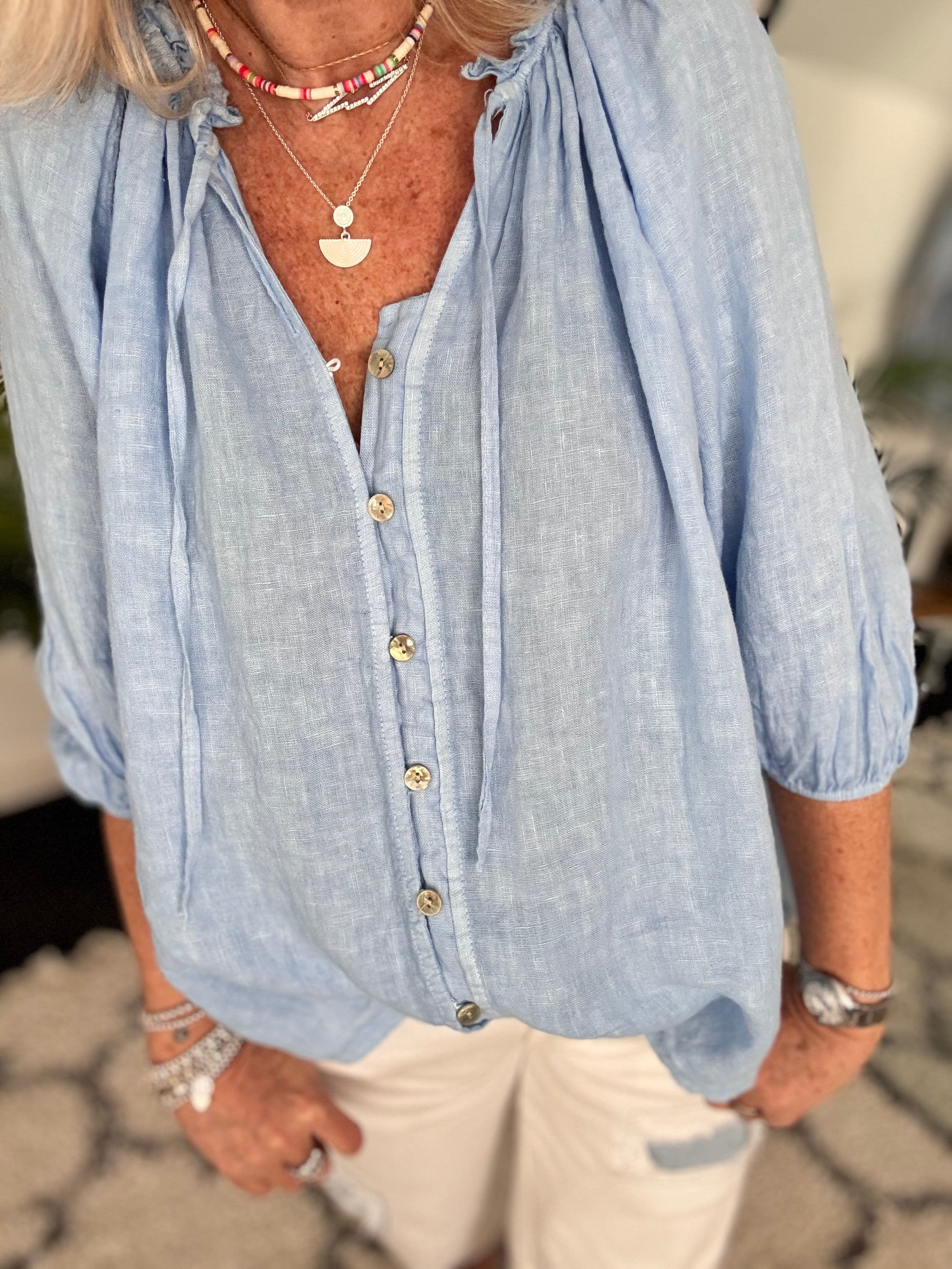 Pure Linen Designer Blouse in Sky Blue