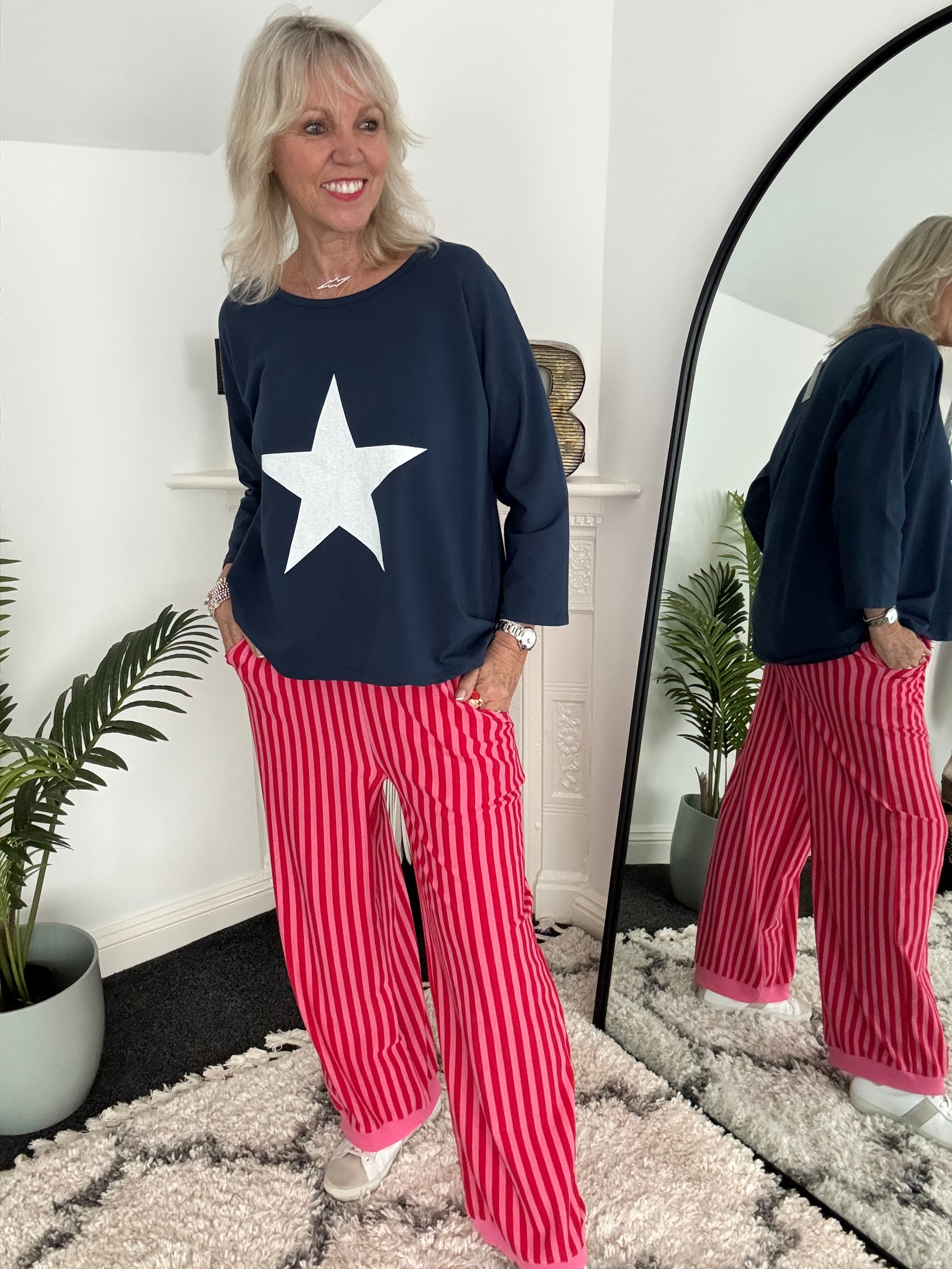 Stretch Stripe Trousers in Pink & Red