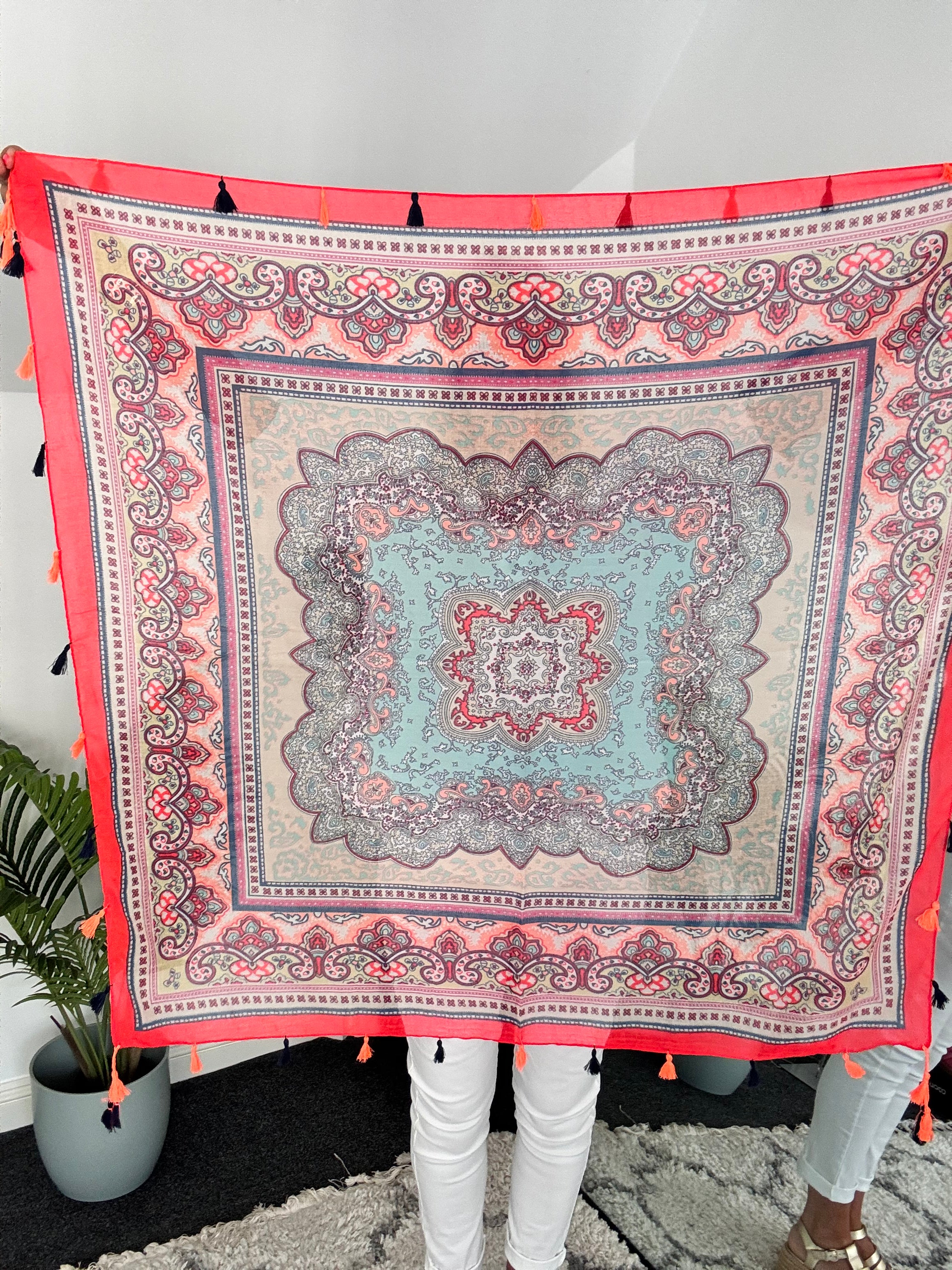 Paisley Square Scarf with Tassels in Neon Coral