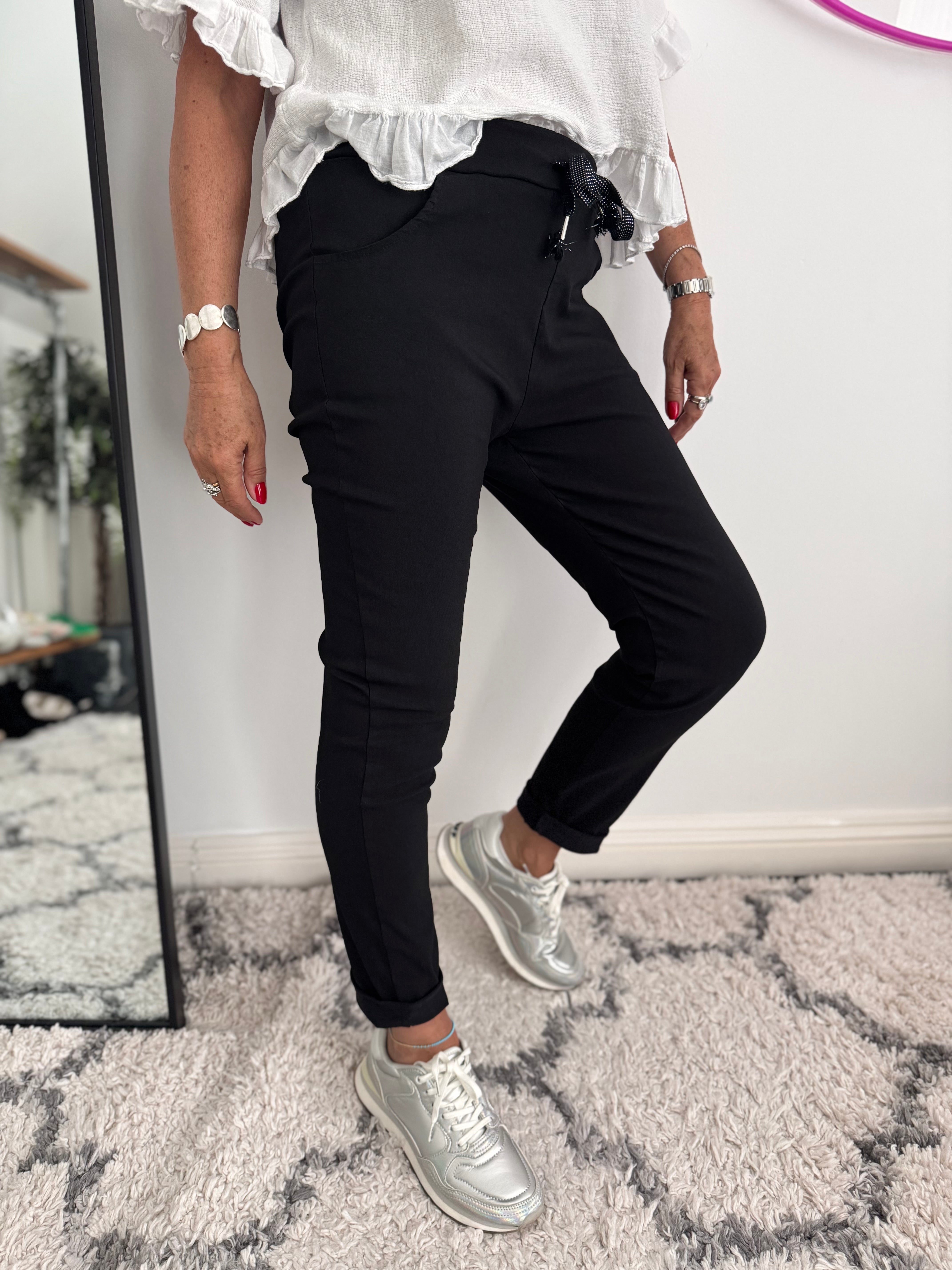 Super Stretch Joggers with Sparkly Tie in Black