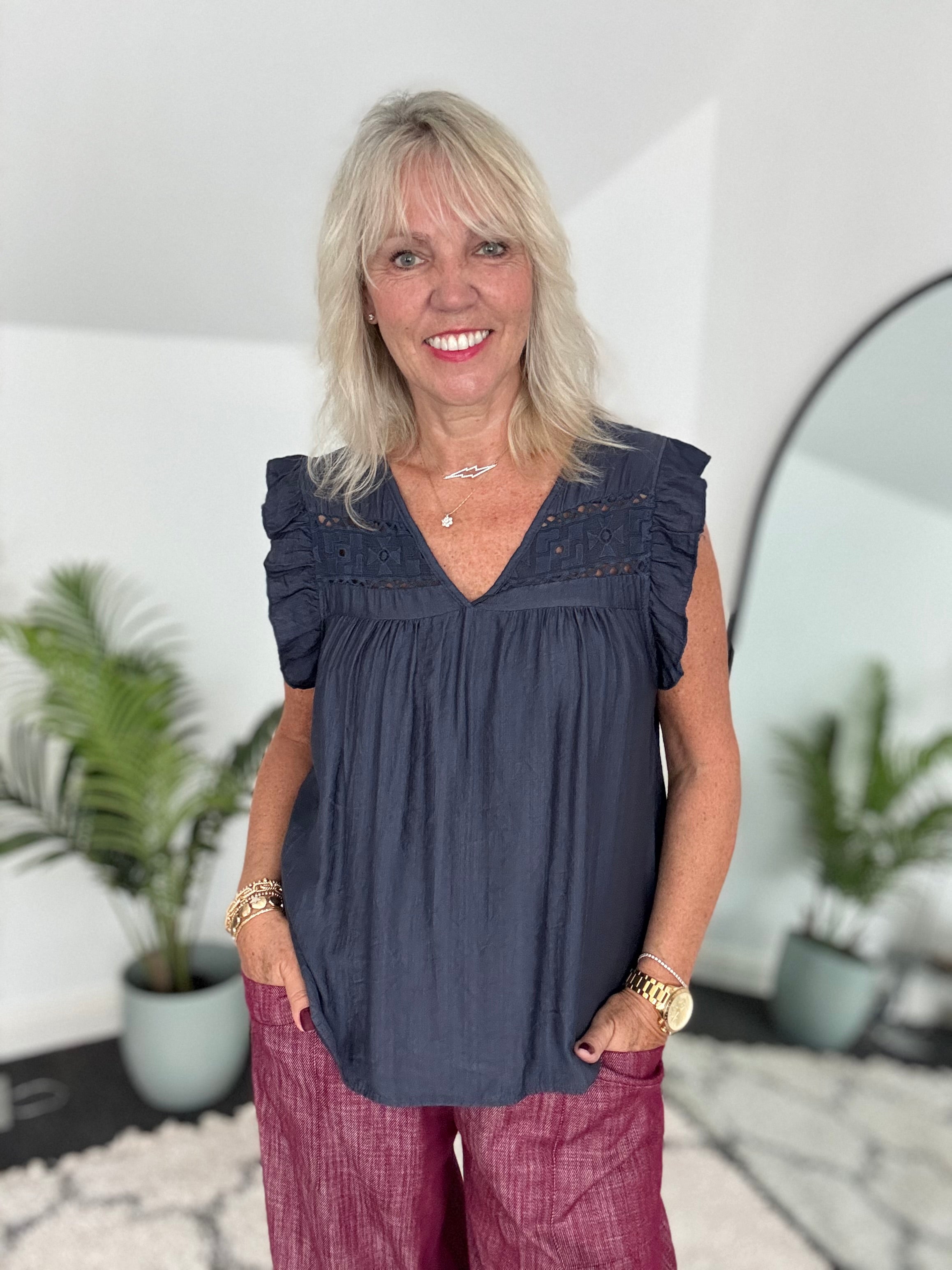 Simple V Neck Top in Navy