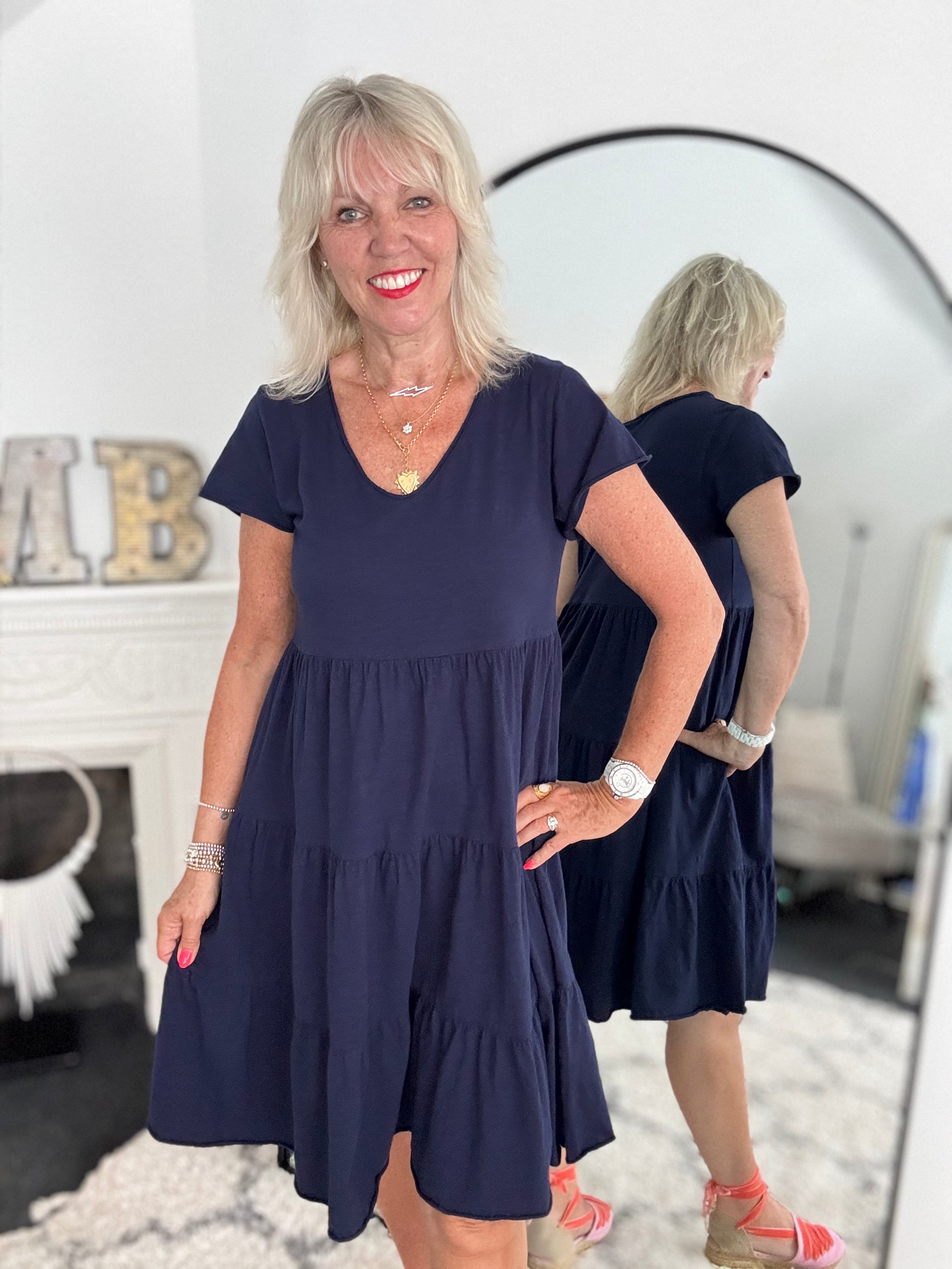 Tiered Cotton Stretch Dress in Navy