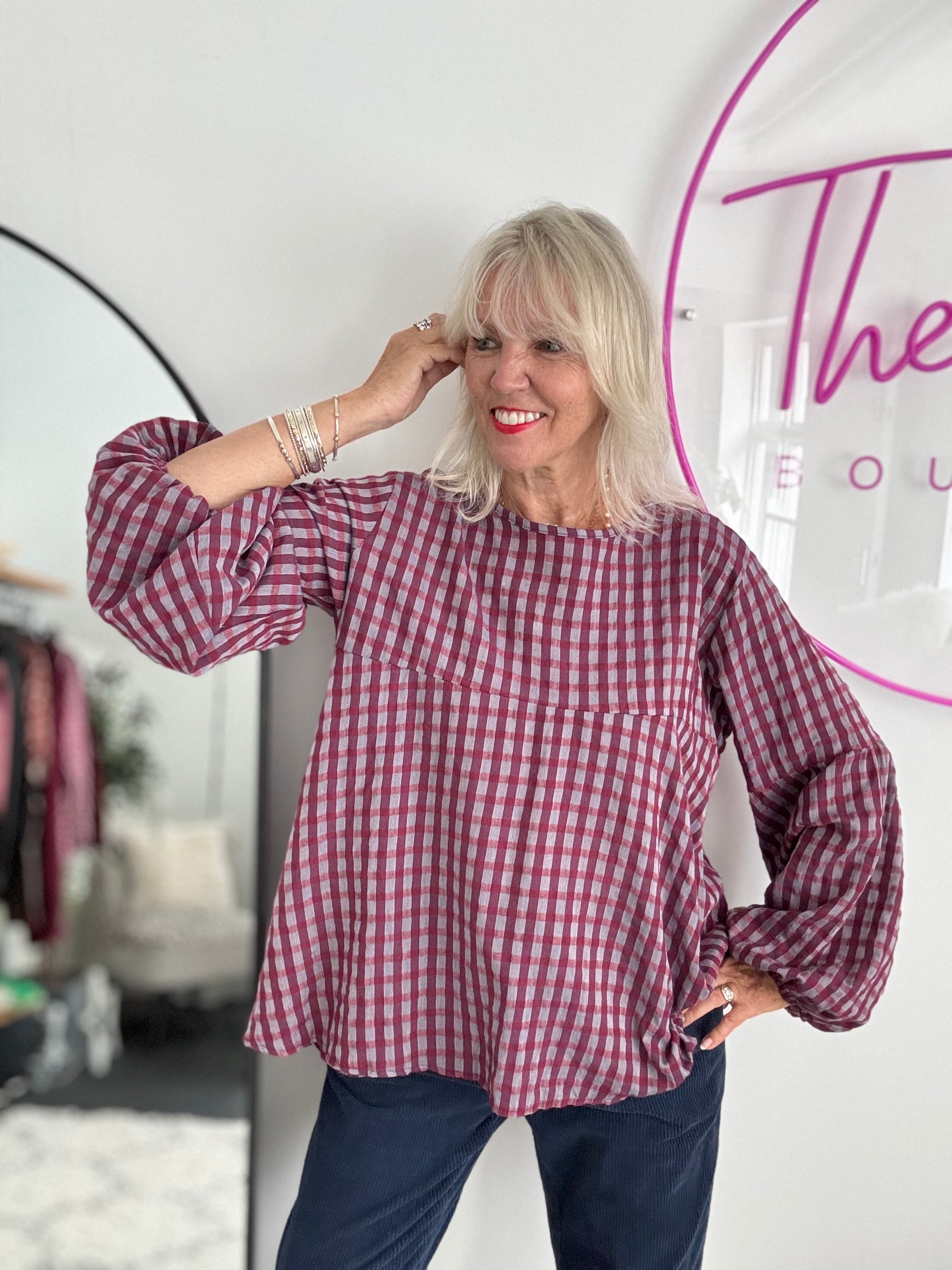 Oversized Check Top in Plum