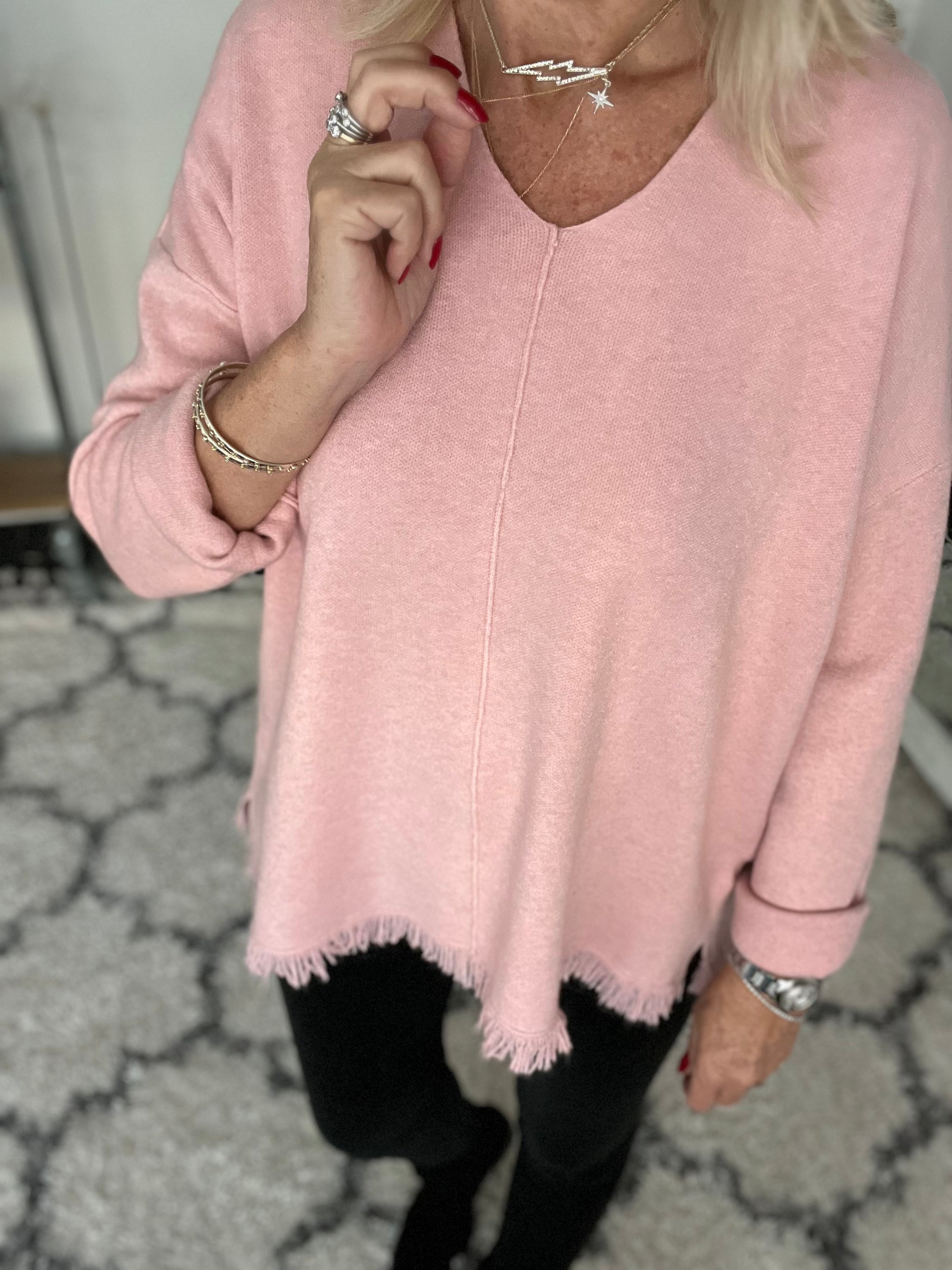 V Neck Fringe Sweater in Soft Pink