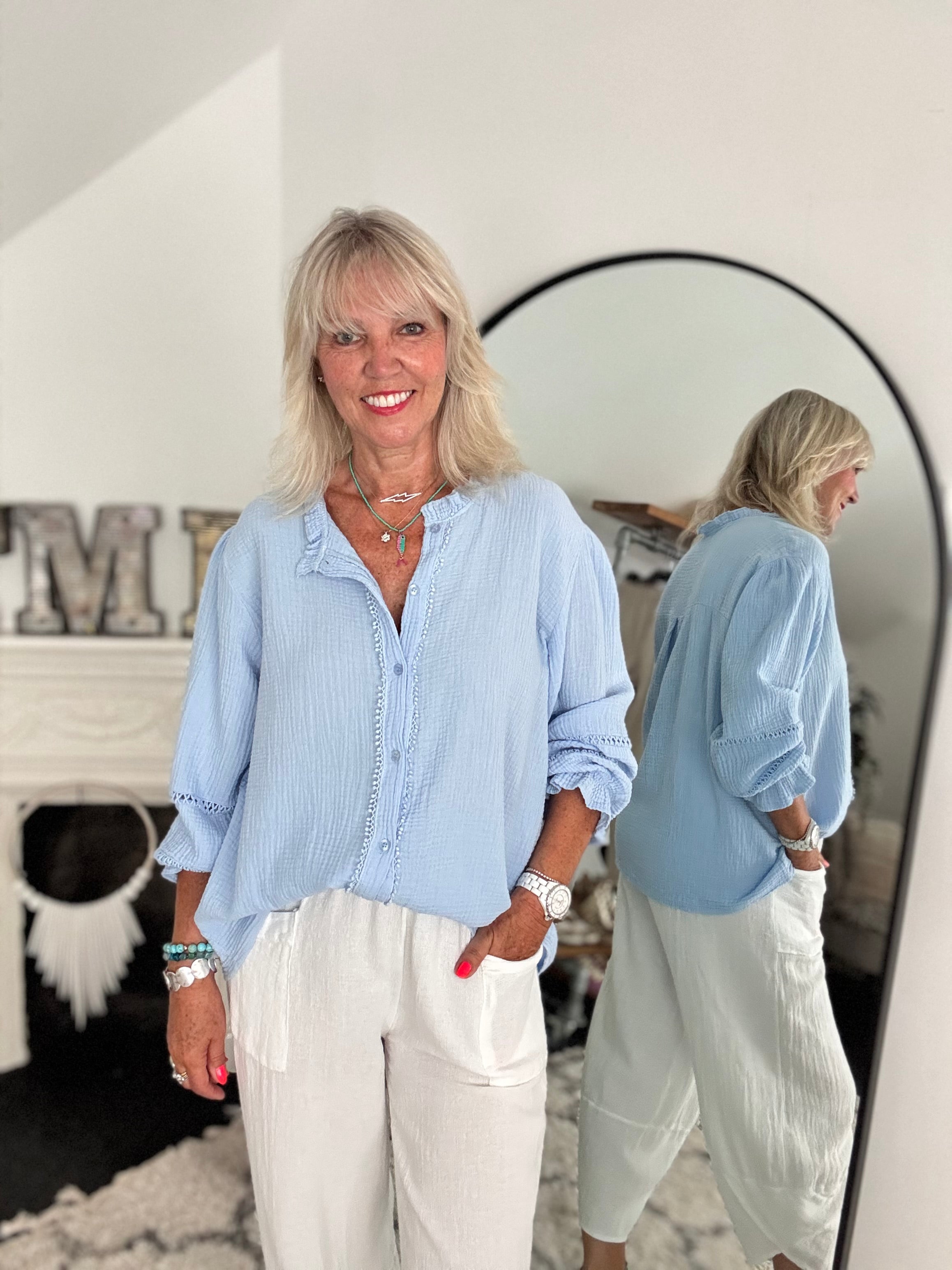 Detailed Cheesecloth Shirt in Light Blue