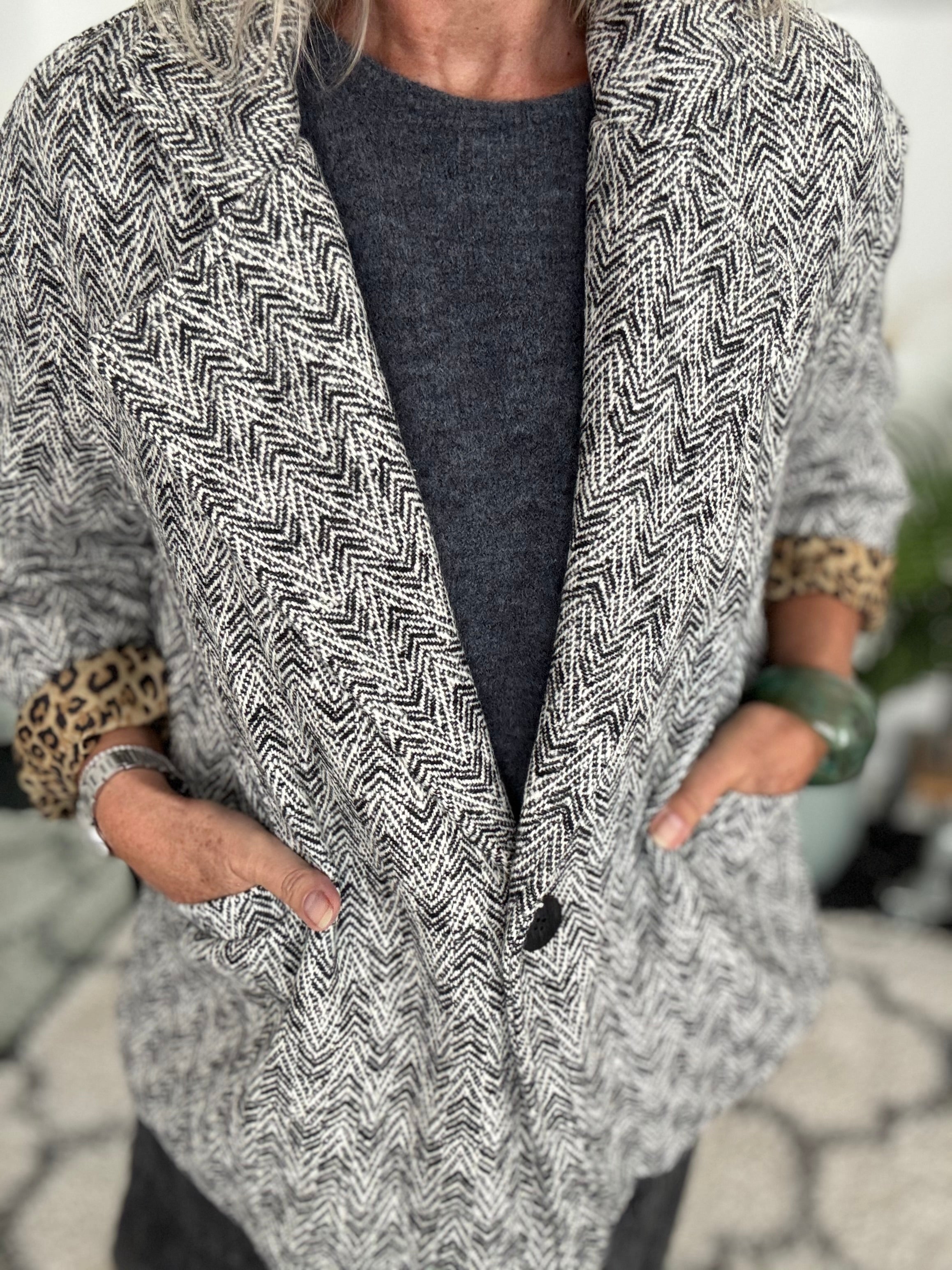 Grey Tweed Boyfriend Jacket with Leopard Lining