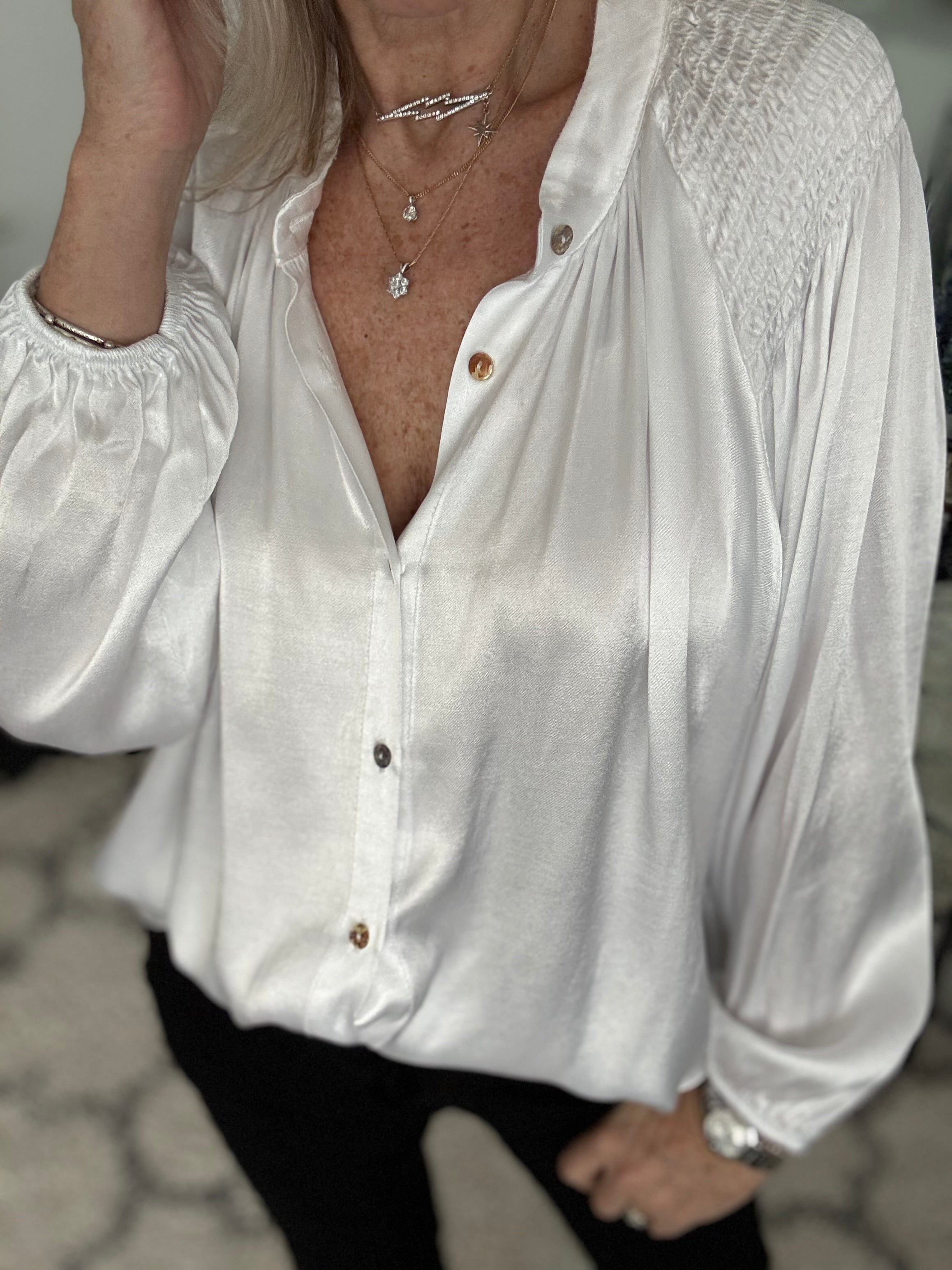 Silky Shirred Blouse in White