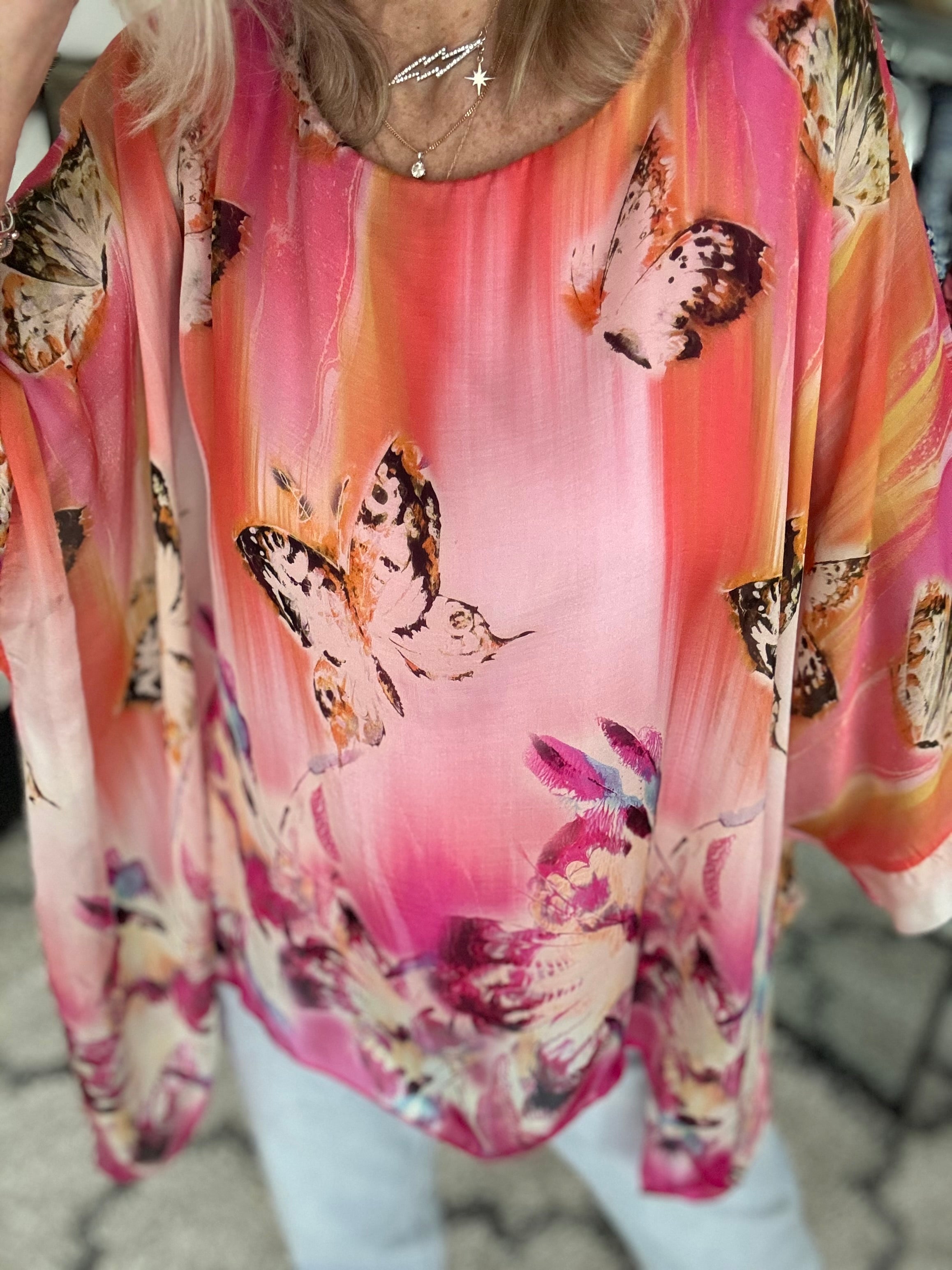 Silk Butterfly Top in Shades of Pink & Orange