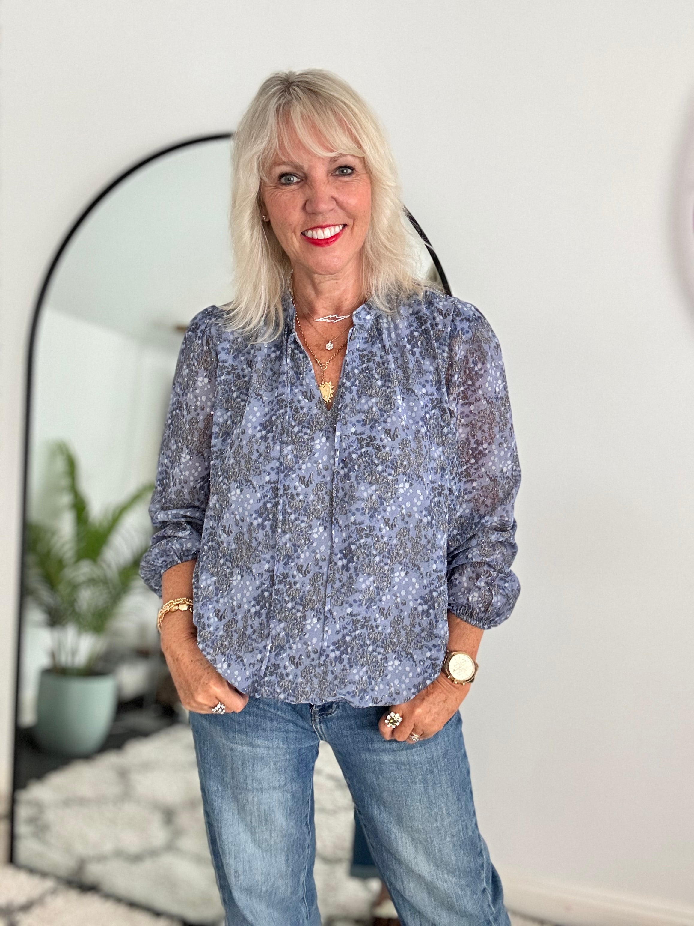 Embellished Blouse in Blue & Grey