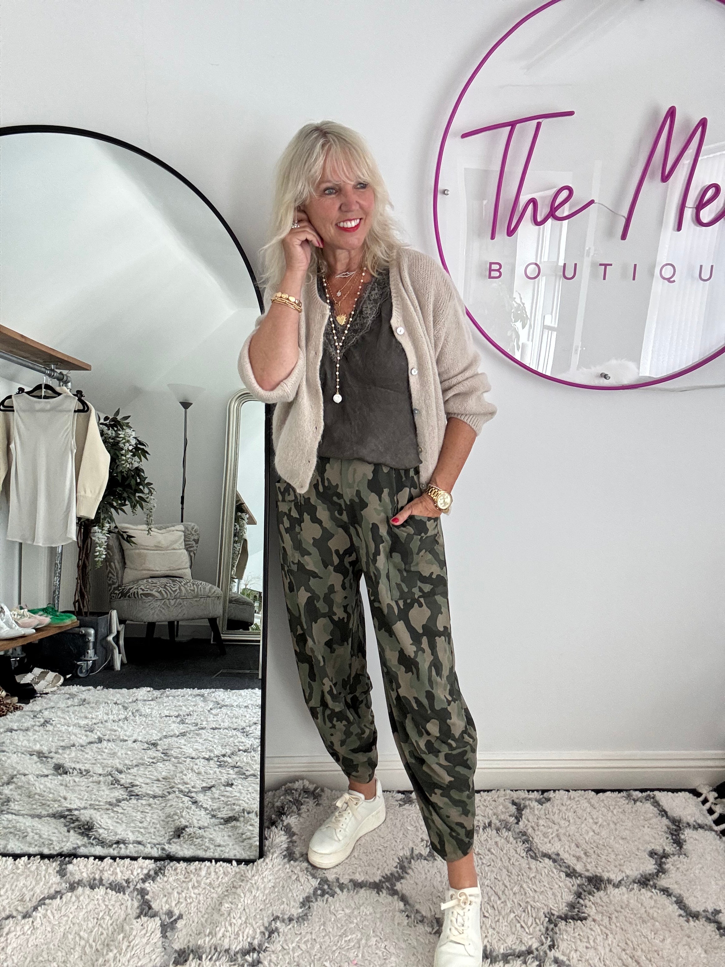 Barrel Cotton Jersey Trousers in Khaki Camo