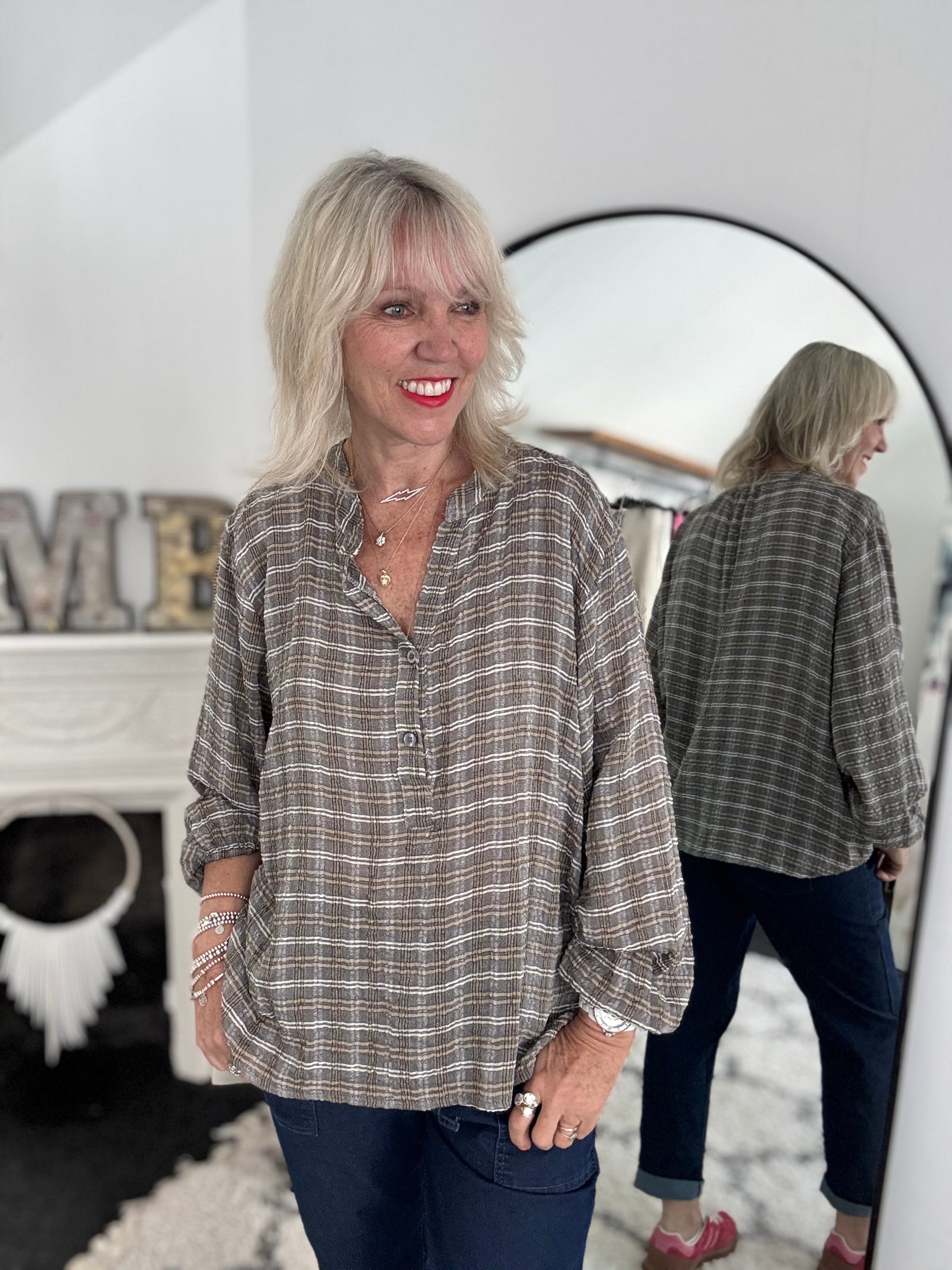 Checked Seersucker Shirt in Mocha