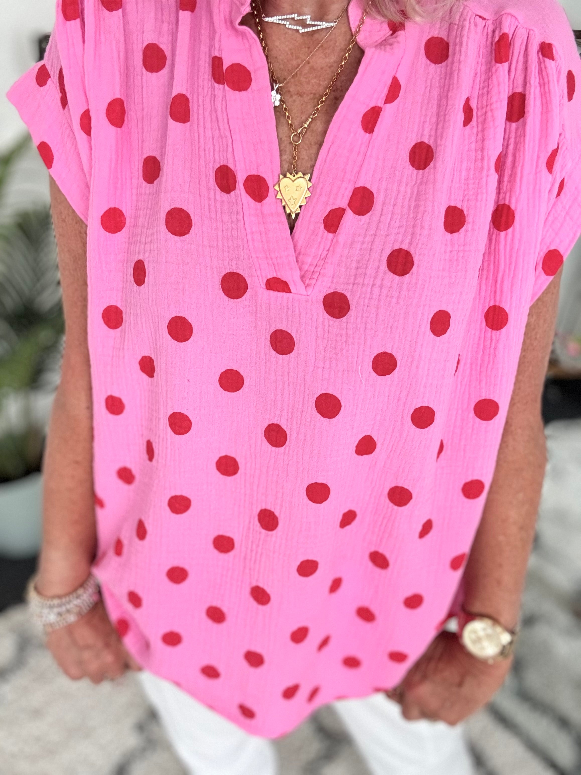 Cheesecloth Spot Top in Pink & Red