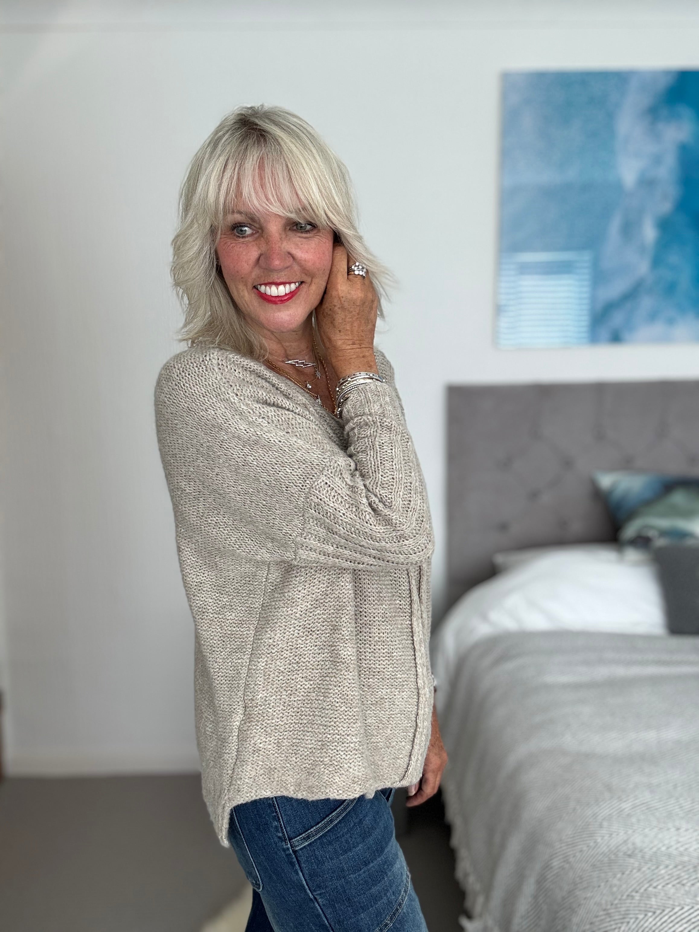 Hi Lo Ribbed Jumper in Stone