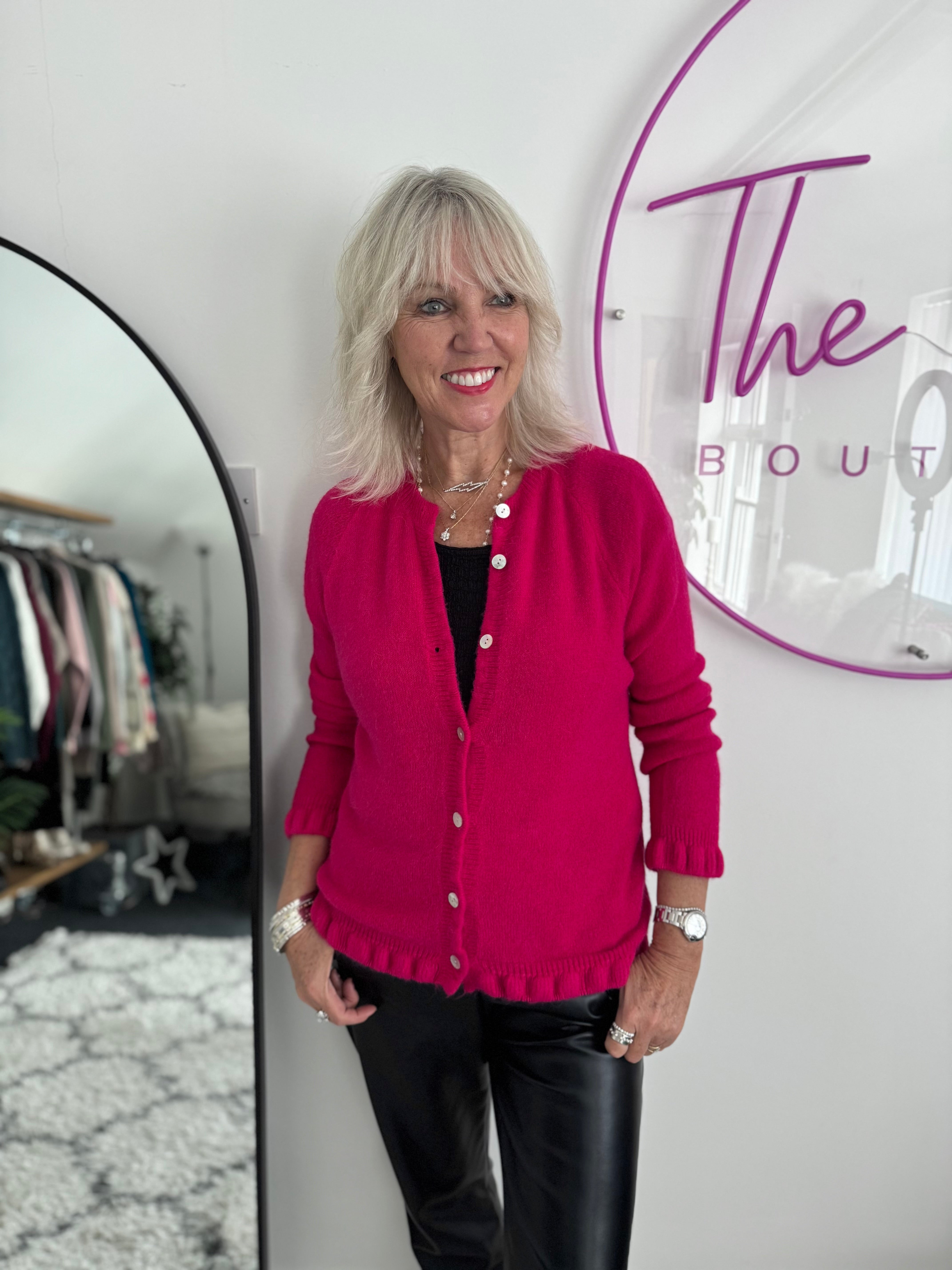 Alpaca Cardi with Frill Hems in Raspberry