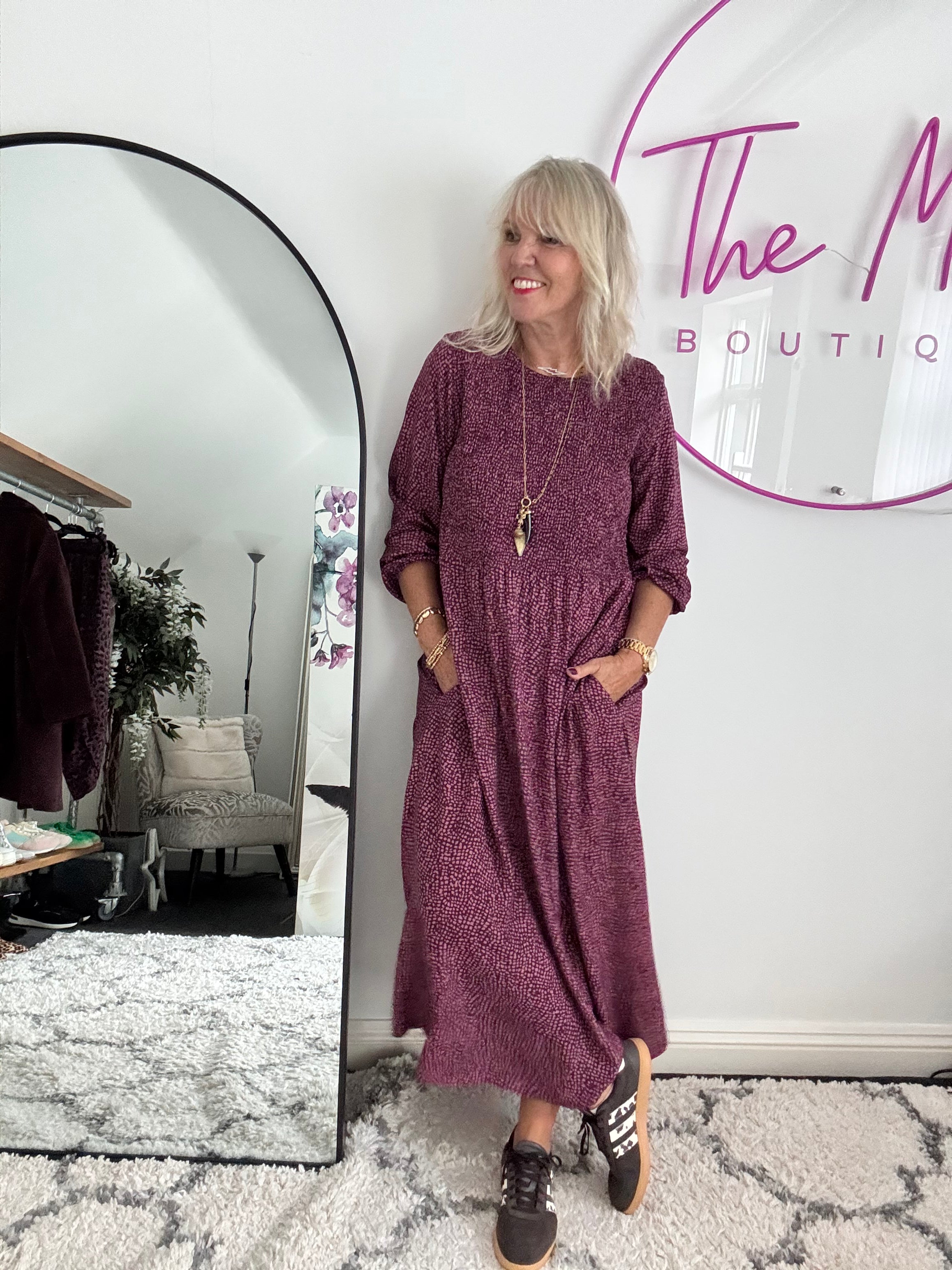 Shirred Dress in Plum