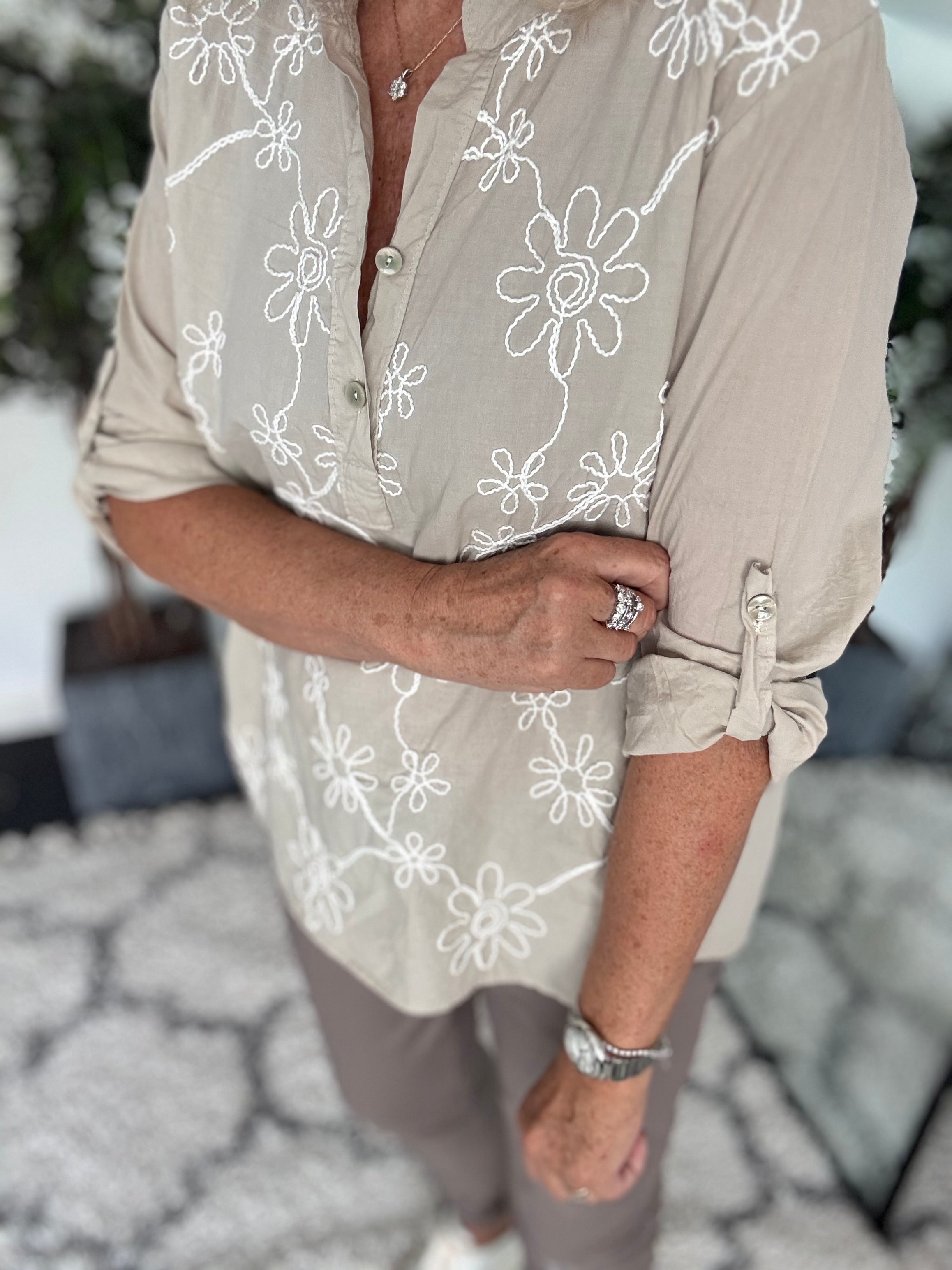 Embroidered Buttoned Top in Stone