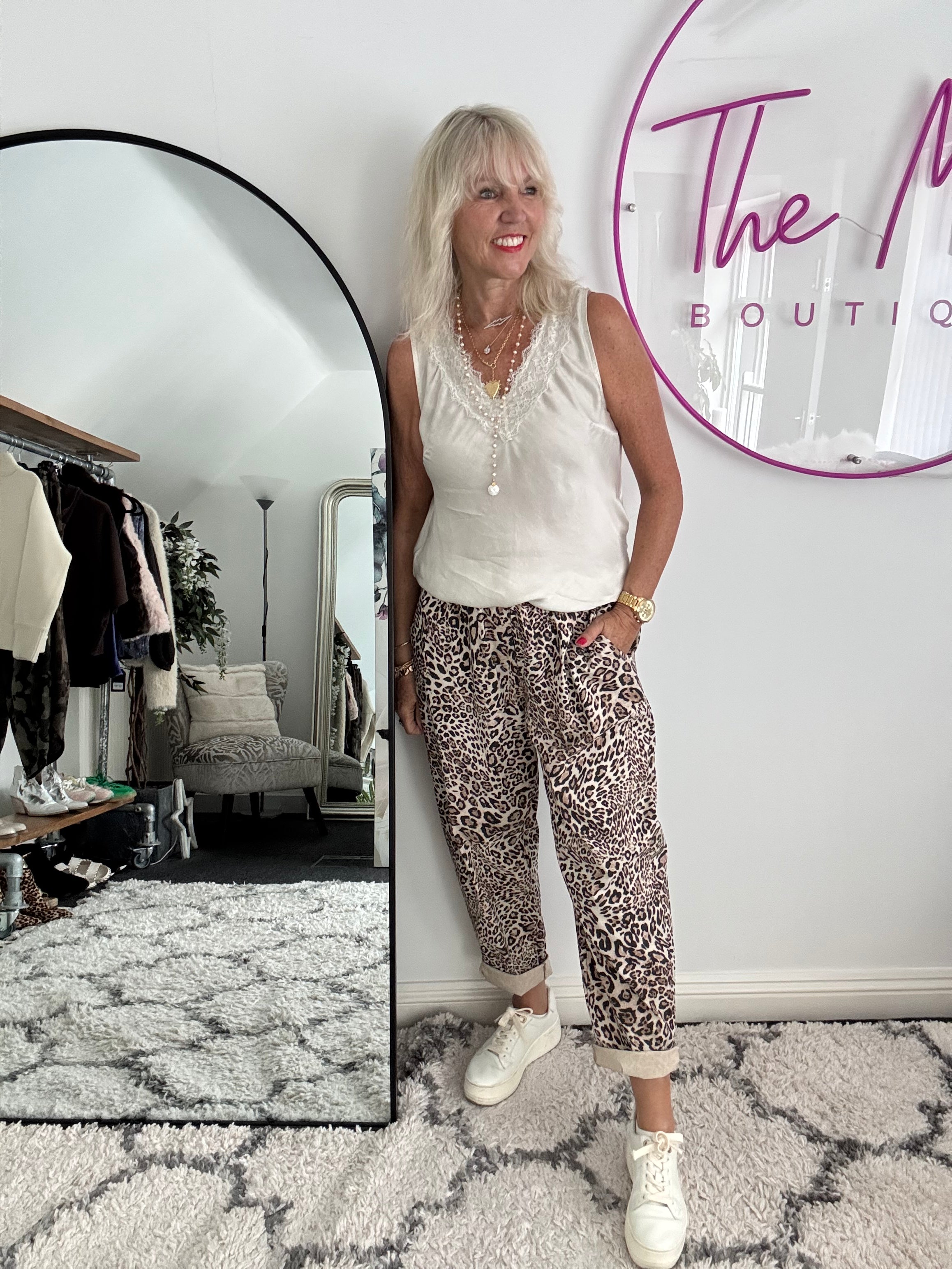 Super Stretch Loose Joggers in Stone Leopard