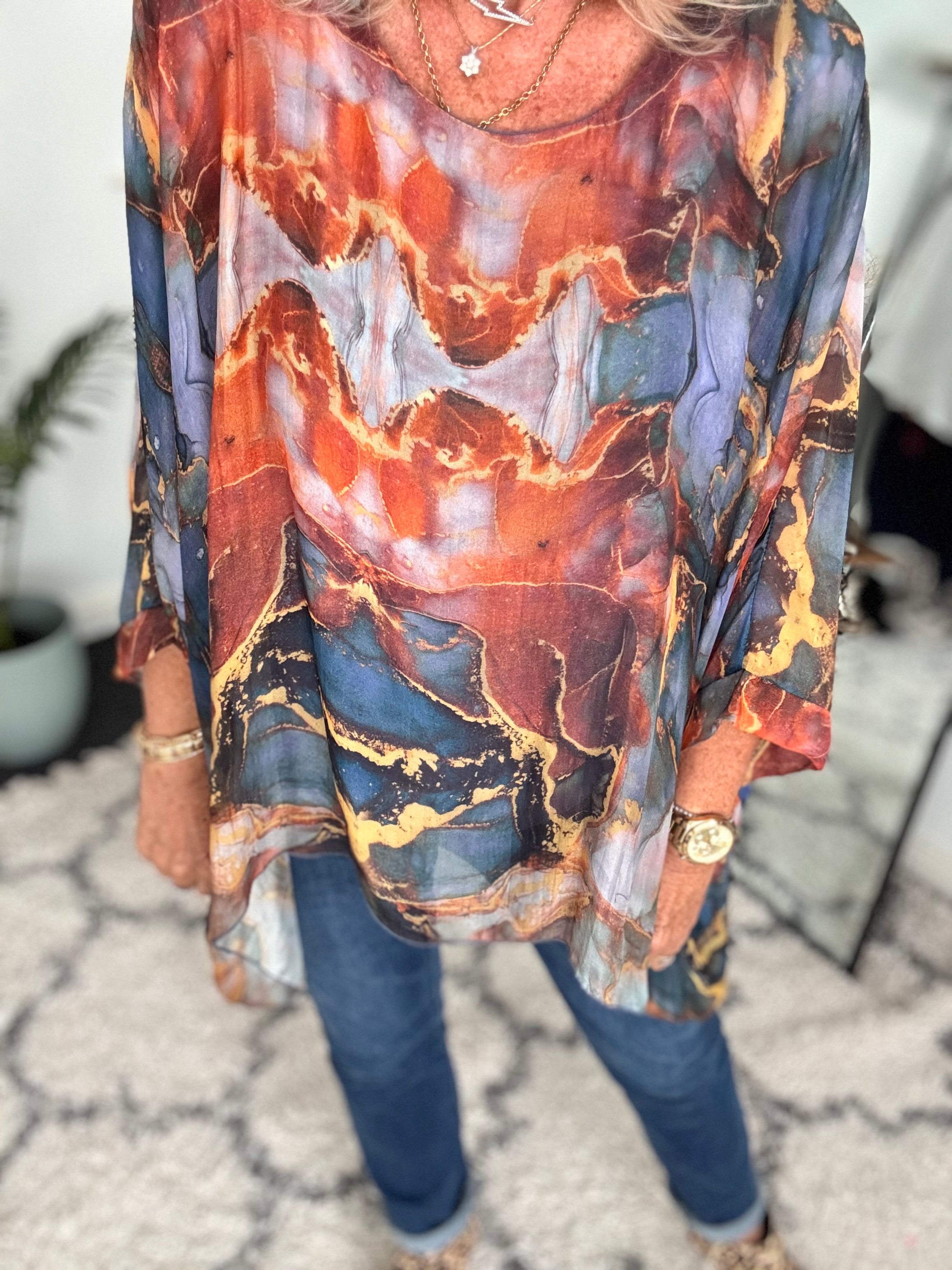 Silk Blouse in Dark Blue & Rust Marble