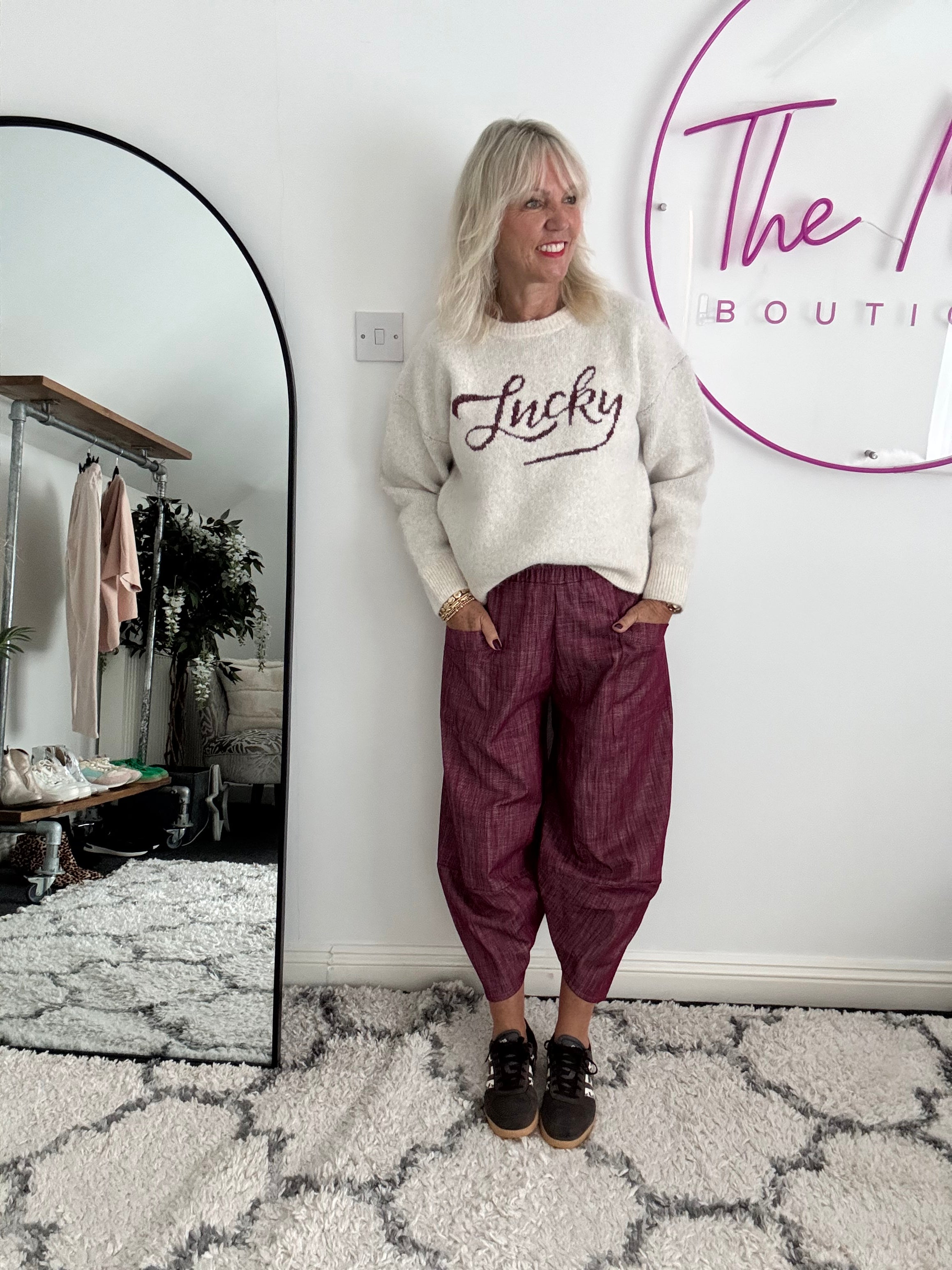 Premium Barrel Leg Trousers in Plum