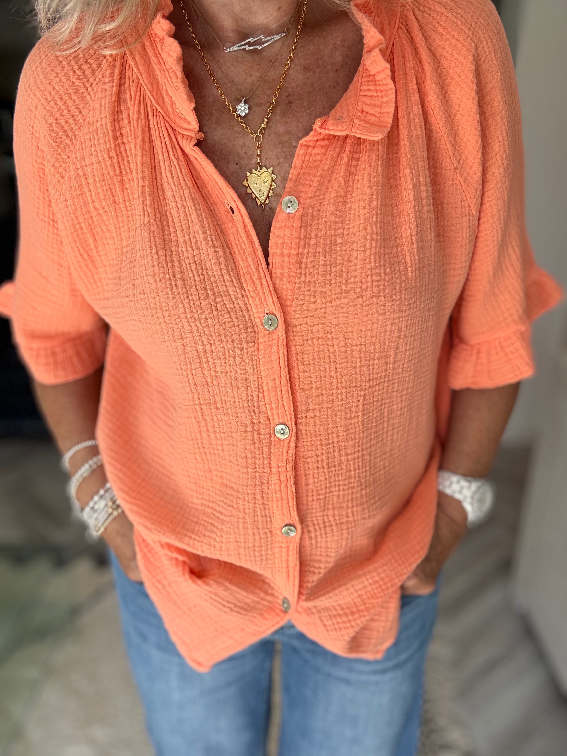 Short Sleeve Cheesecloth Shirt in Tangerine