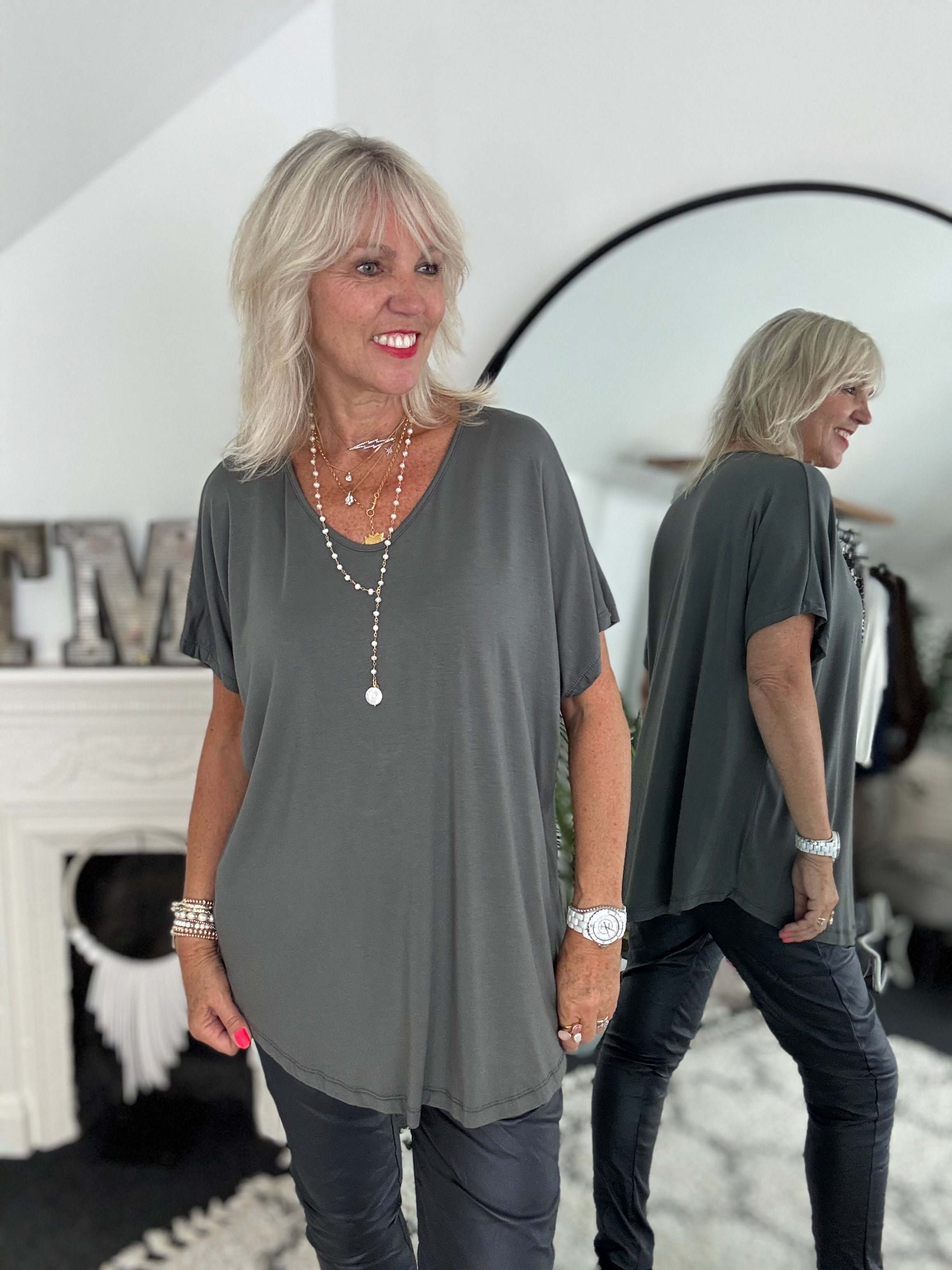 Oversized V Neck Tee in Khaki Grey
