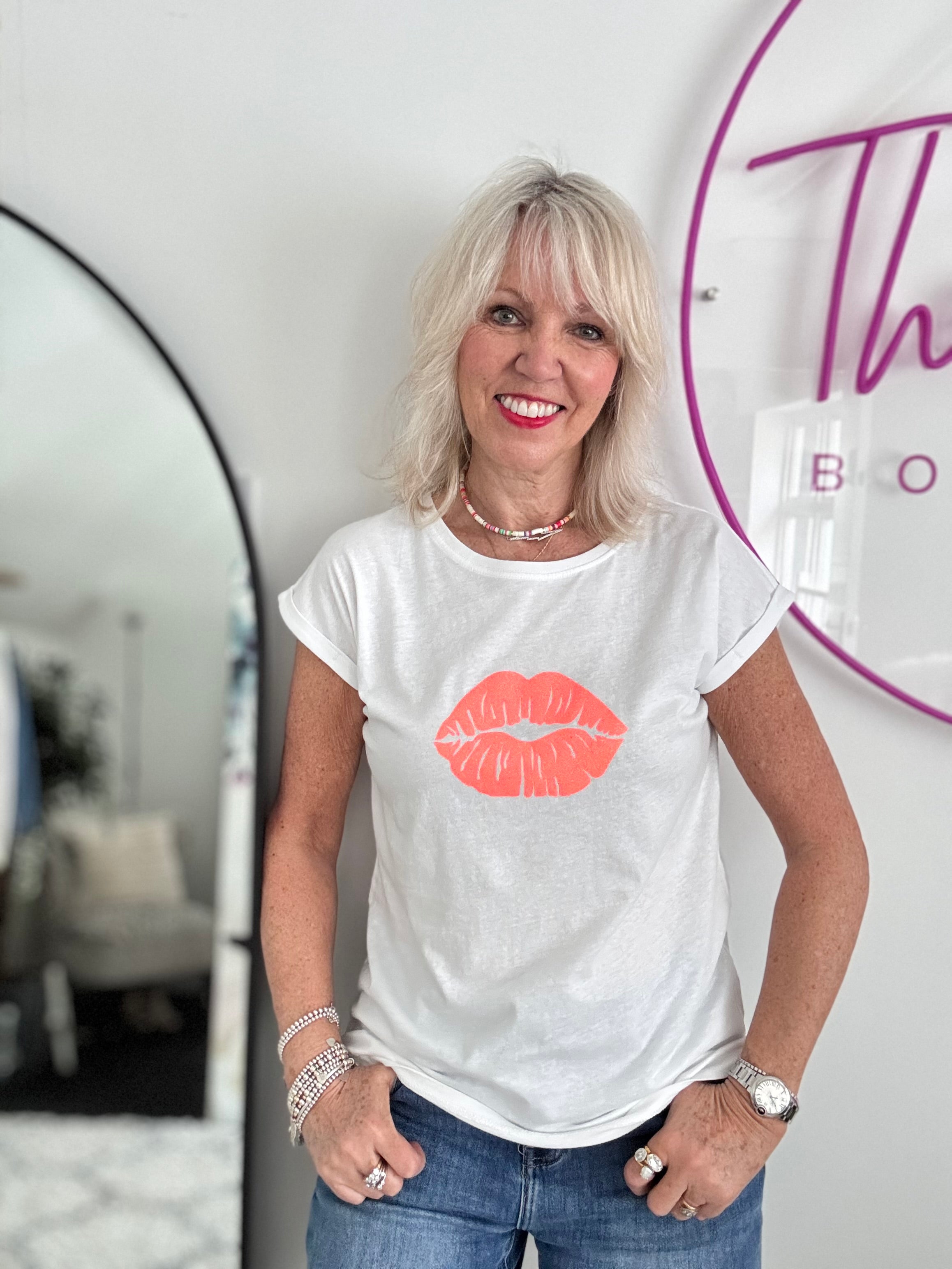 Lips Tee in White & Neon