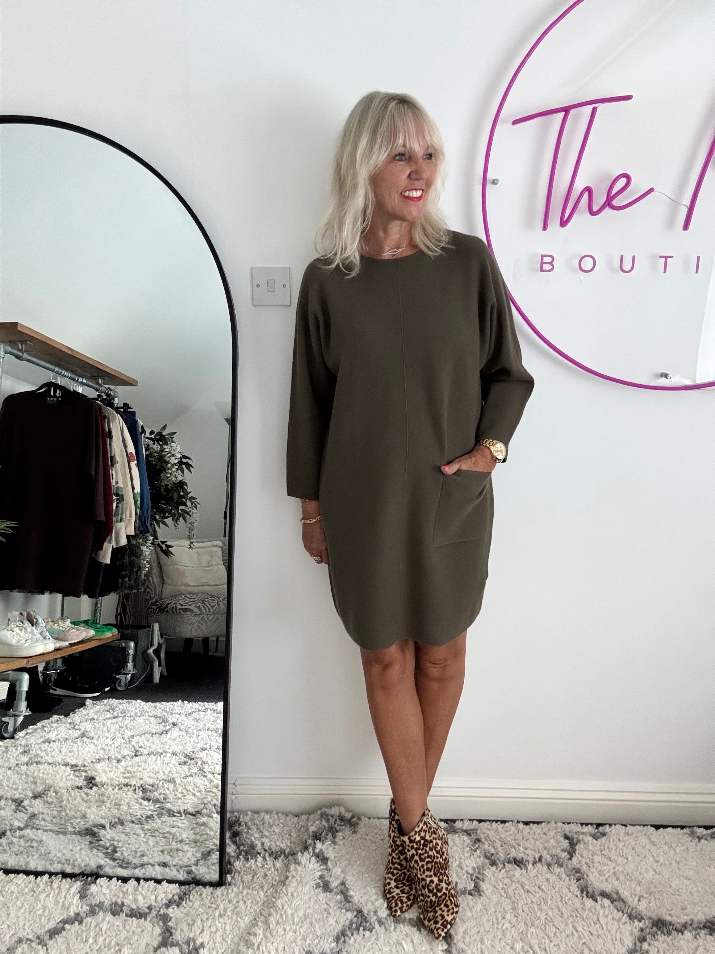 Luxe Knitted Pocket Dress in Dark Khaki