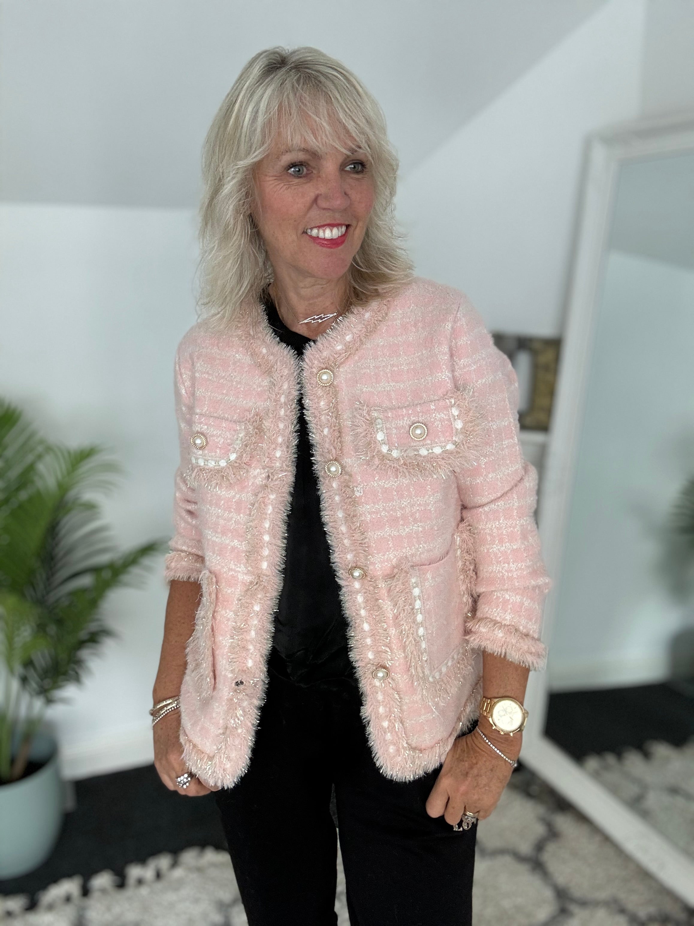 Pearl Button & Tweed Cardi Jacket in Pink