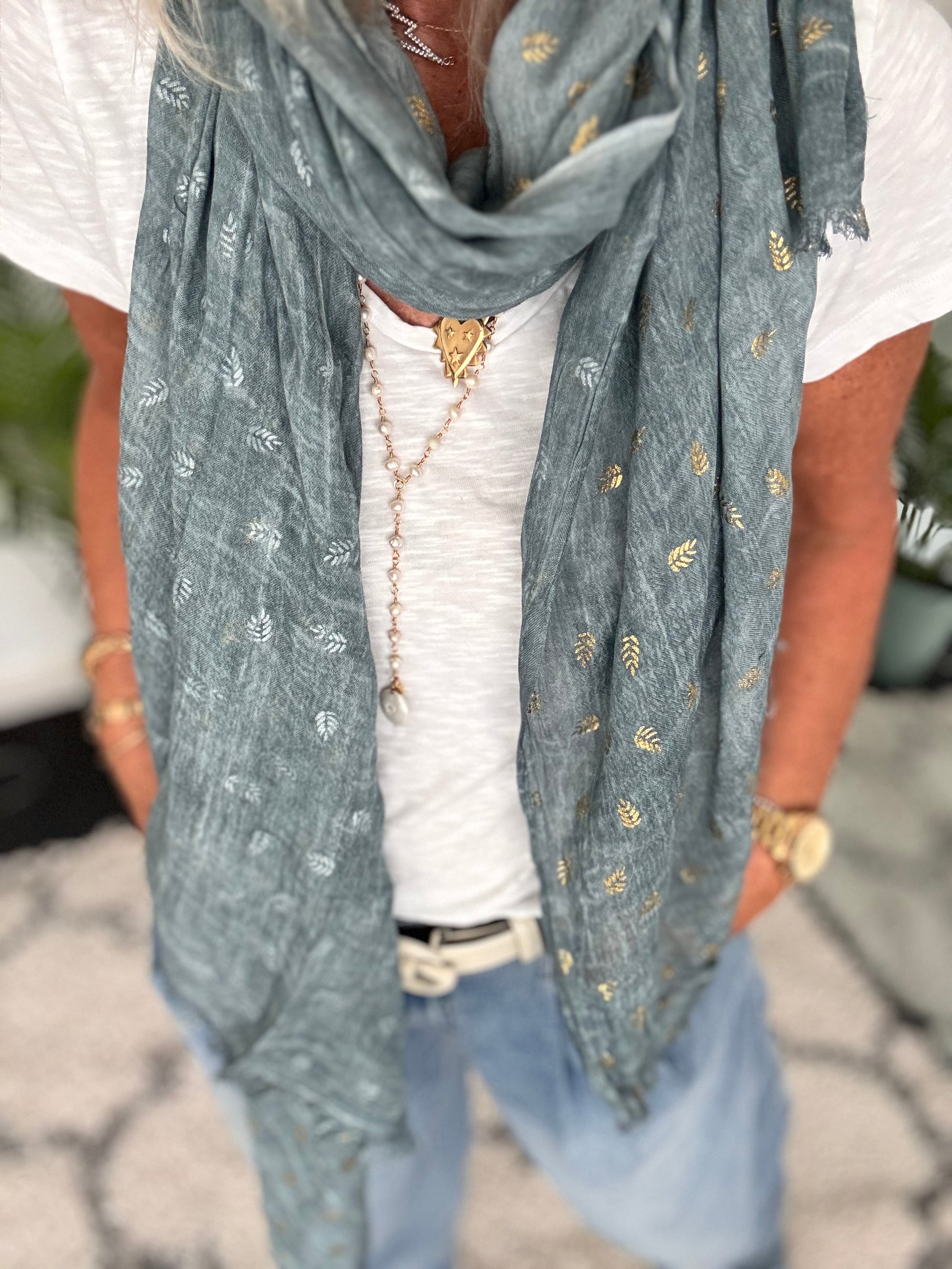 Gold Leaf Print Scarf in Sea Green