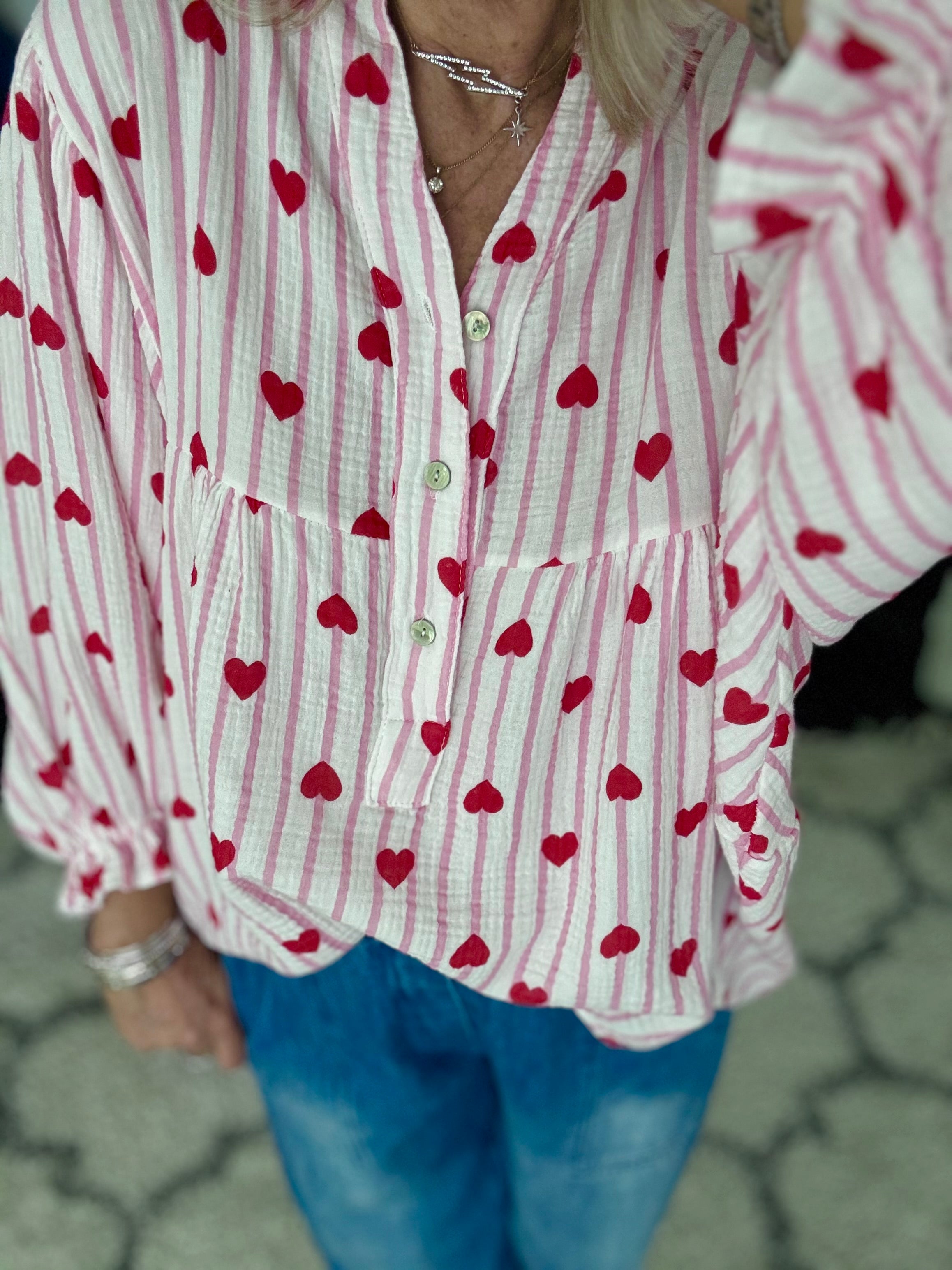 Oversized Cheesecloth Heart Blouse in Pink & Red