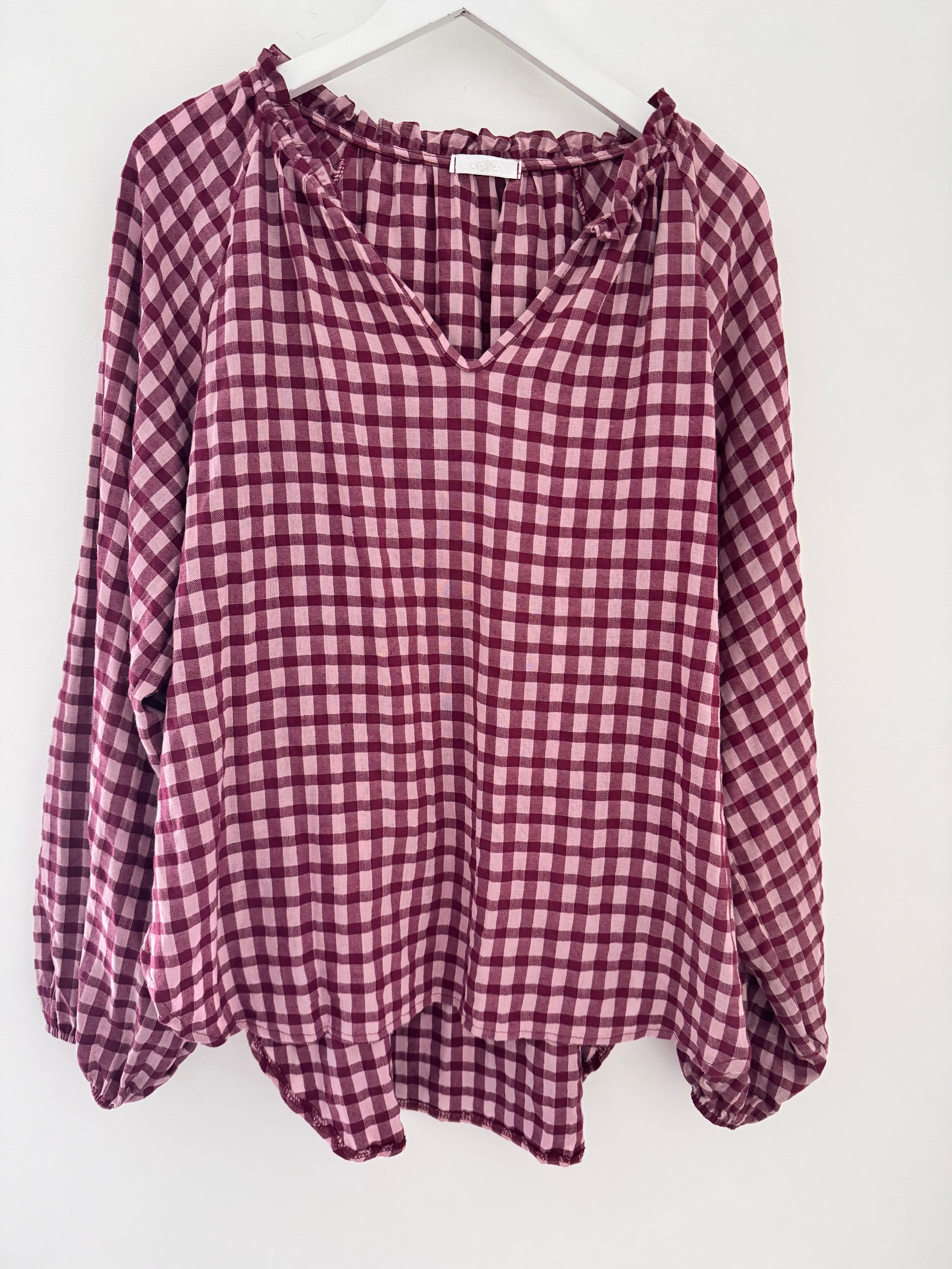 Oversized V Neck Check Top in Berry