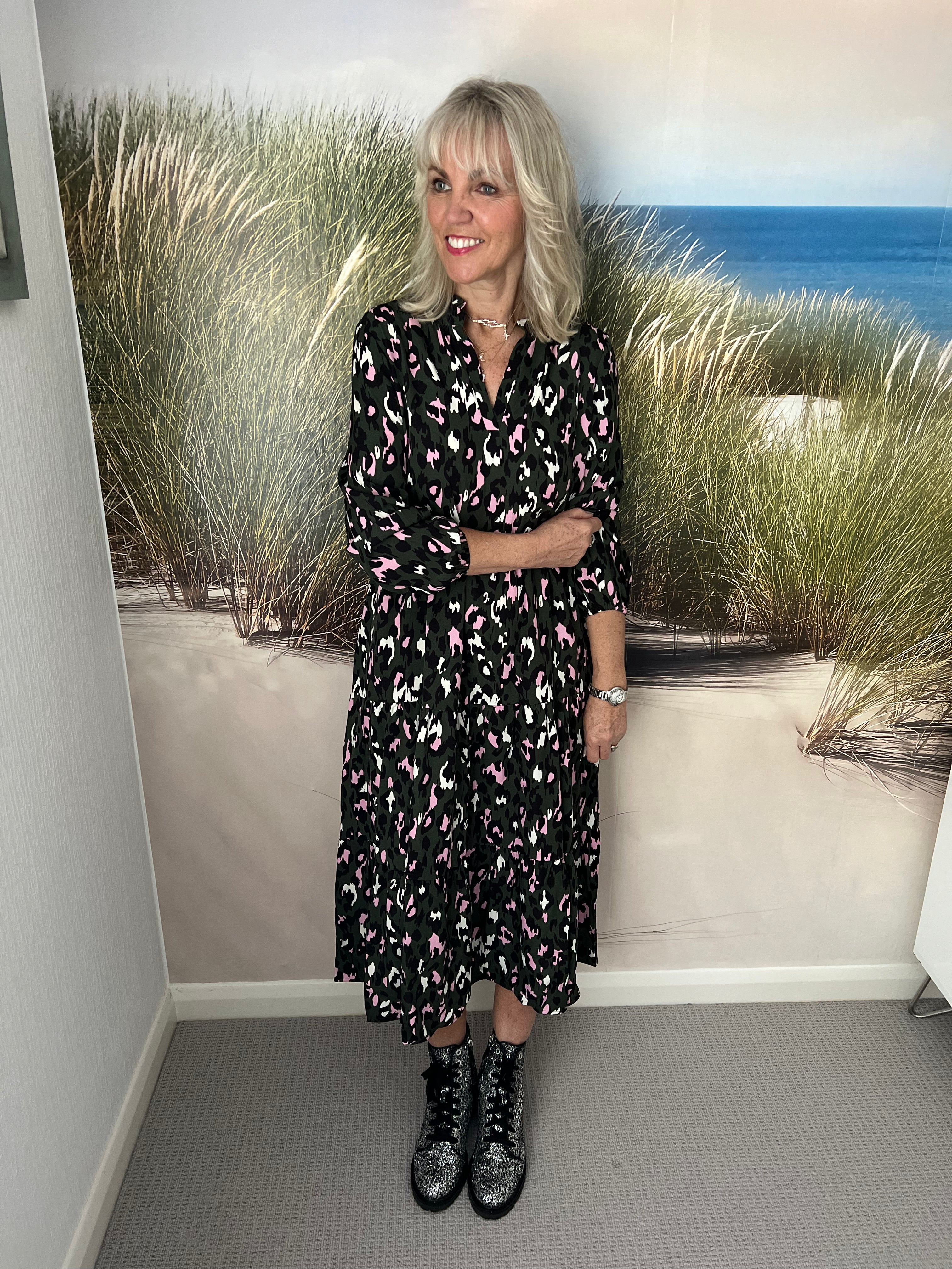 Tiered V Neck Animal Print Dress in Khaki The Meek Boutique