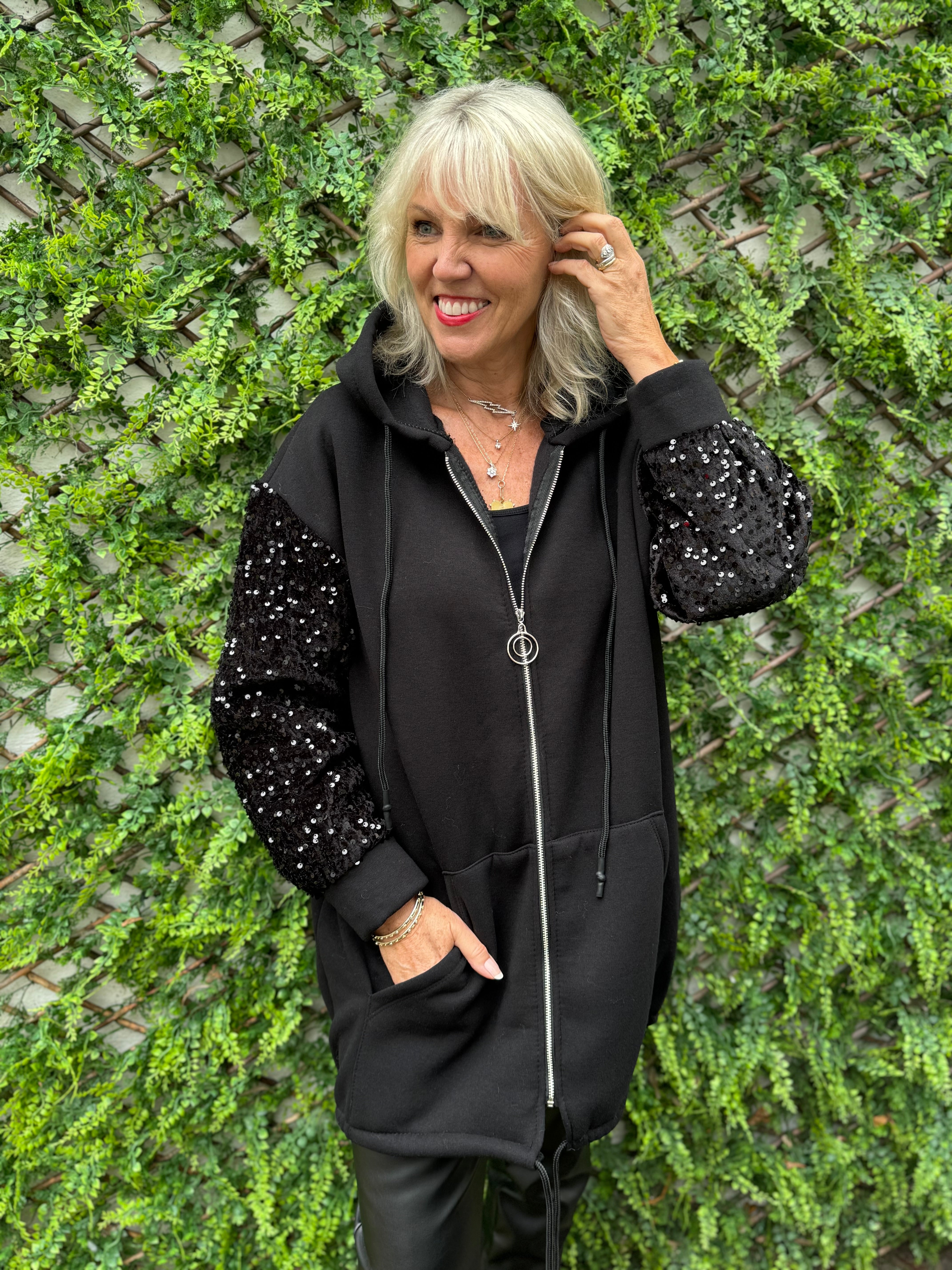 Hooded Jacket with Velvet Sequin Arms in Black