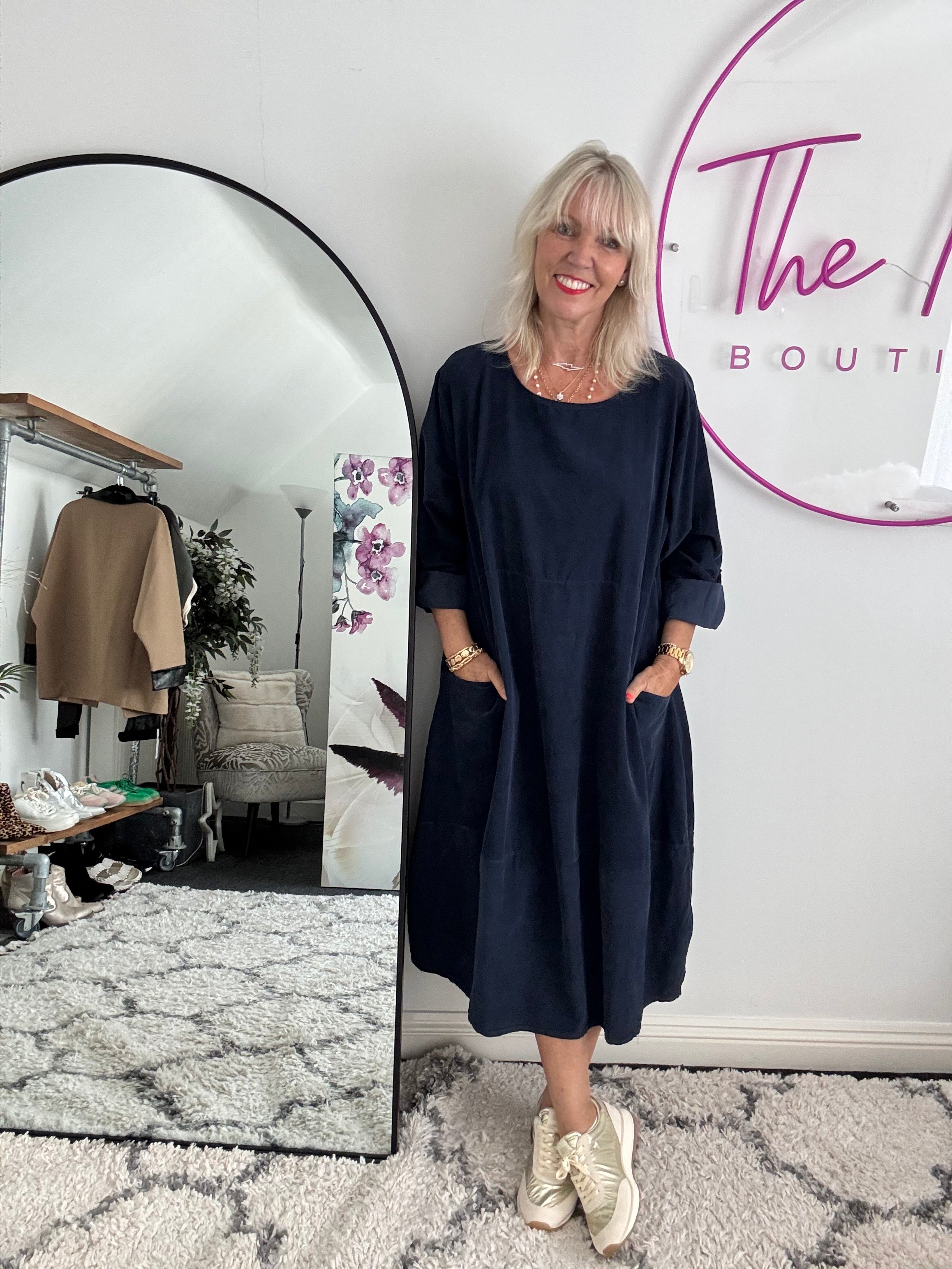 Fine Cord Cocoon Dress in Navy