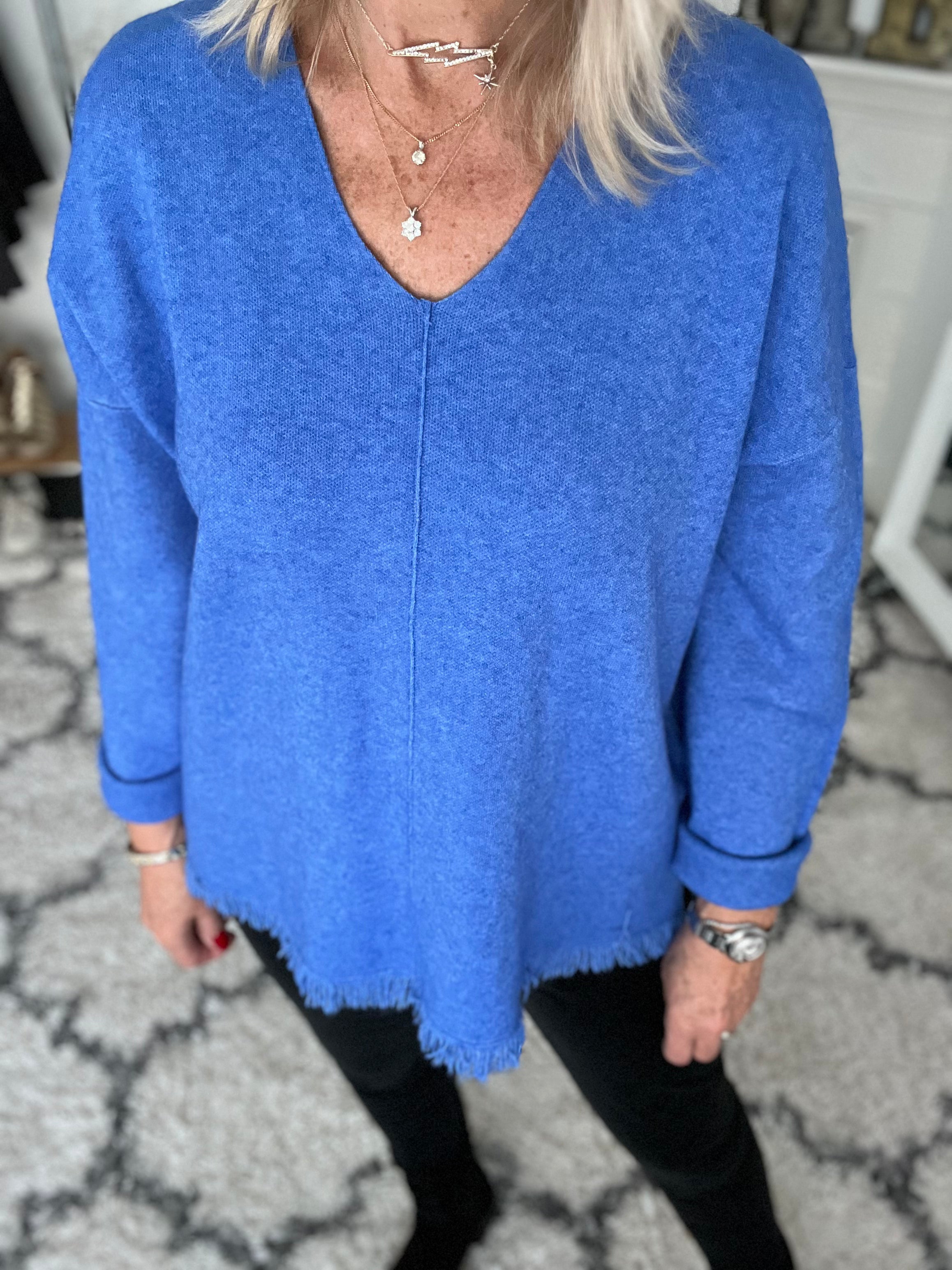 V Neck Fringe Sweater in Cornflower The Meek Boutique