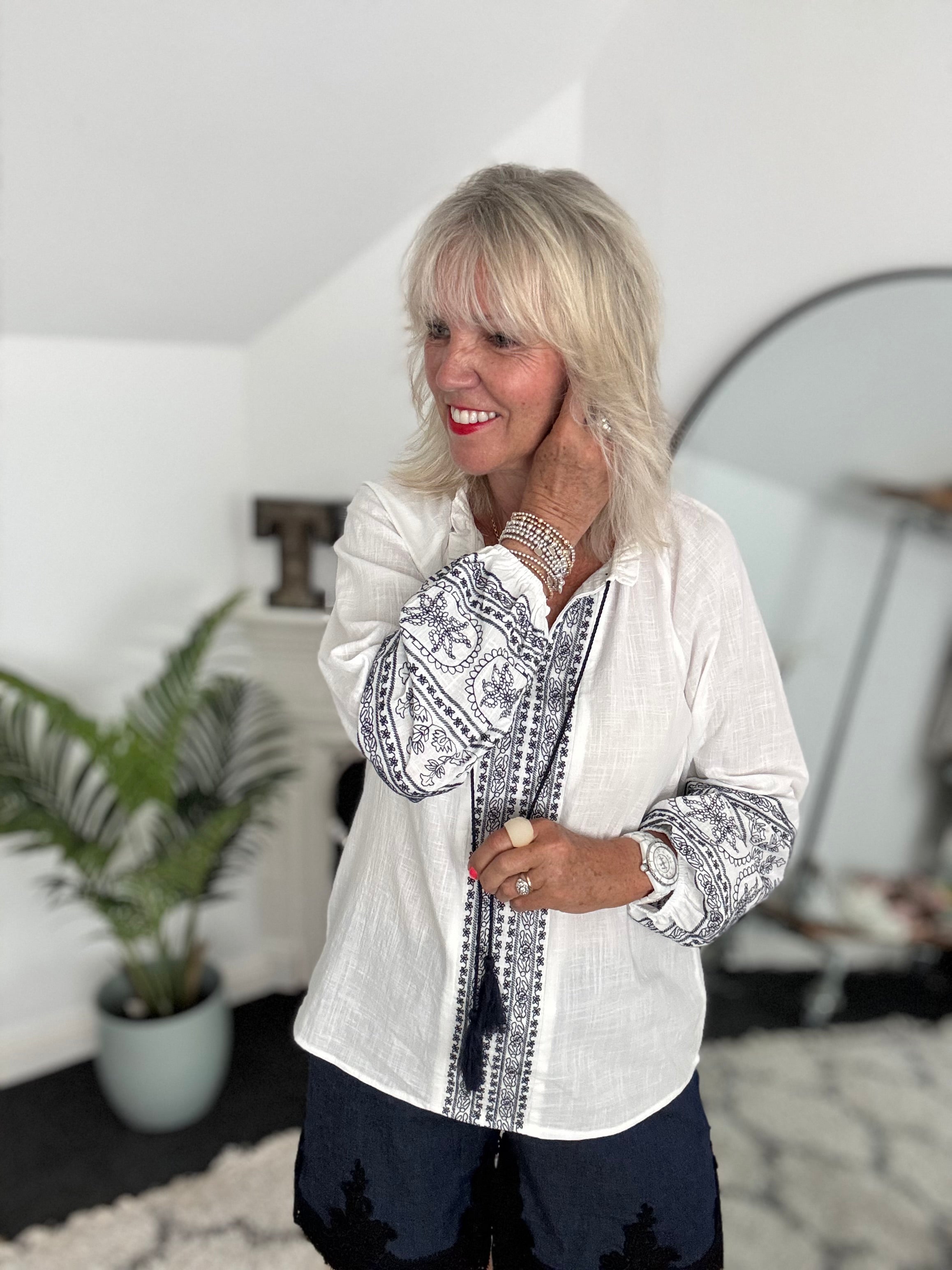 Embroidered Cotton Blouse in White & Navy
