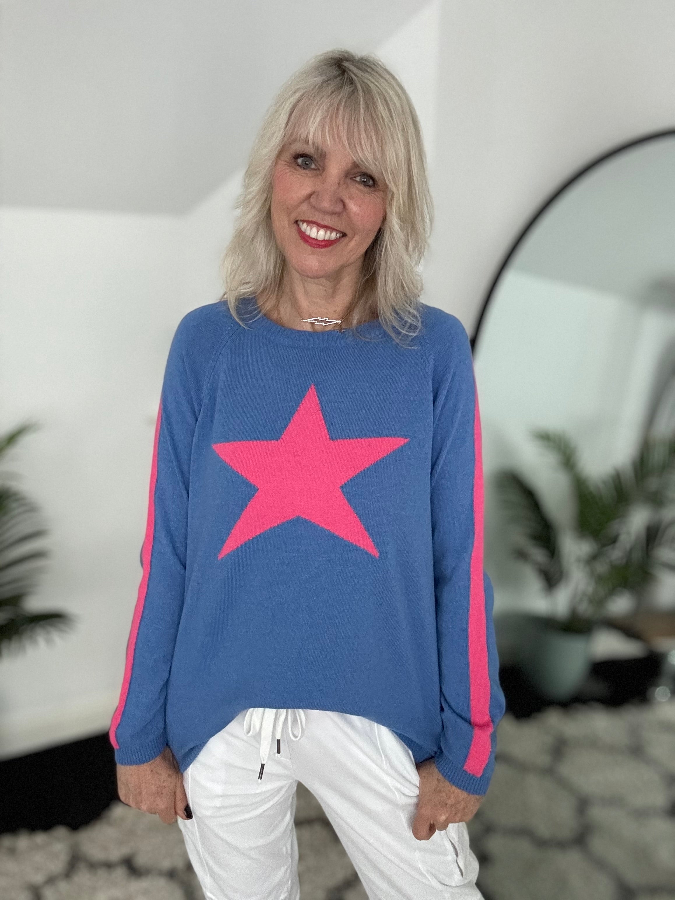 Star Cashmere Jumper in Blue & Pink