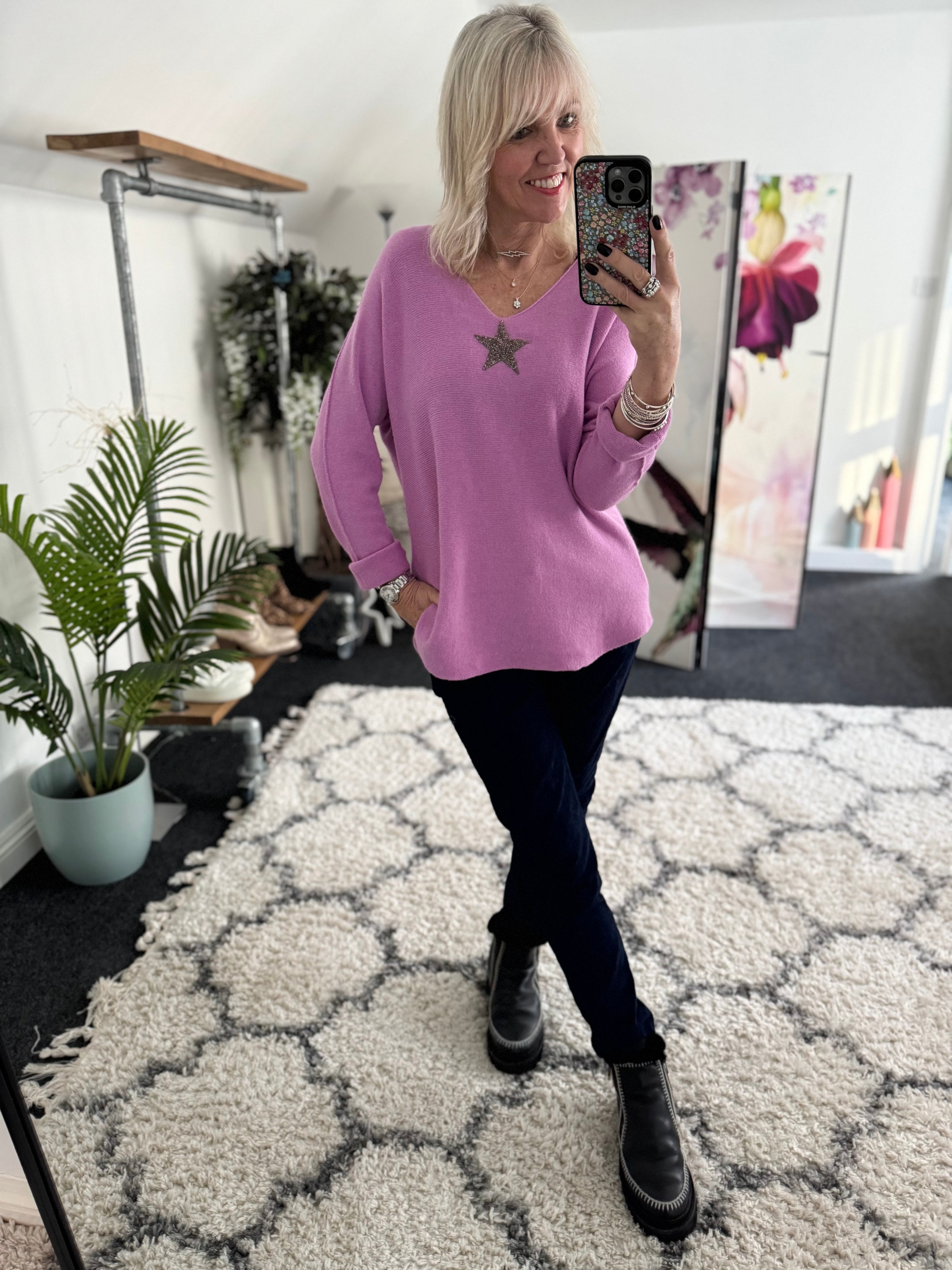 V Neck Glitter Star Jumper in Lilac