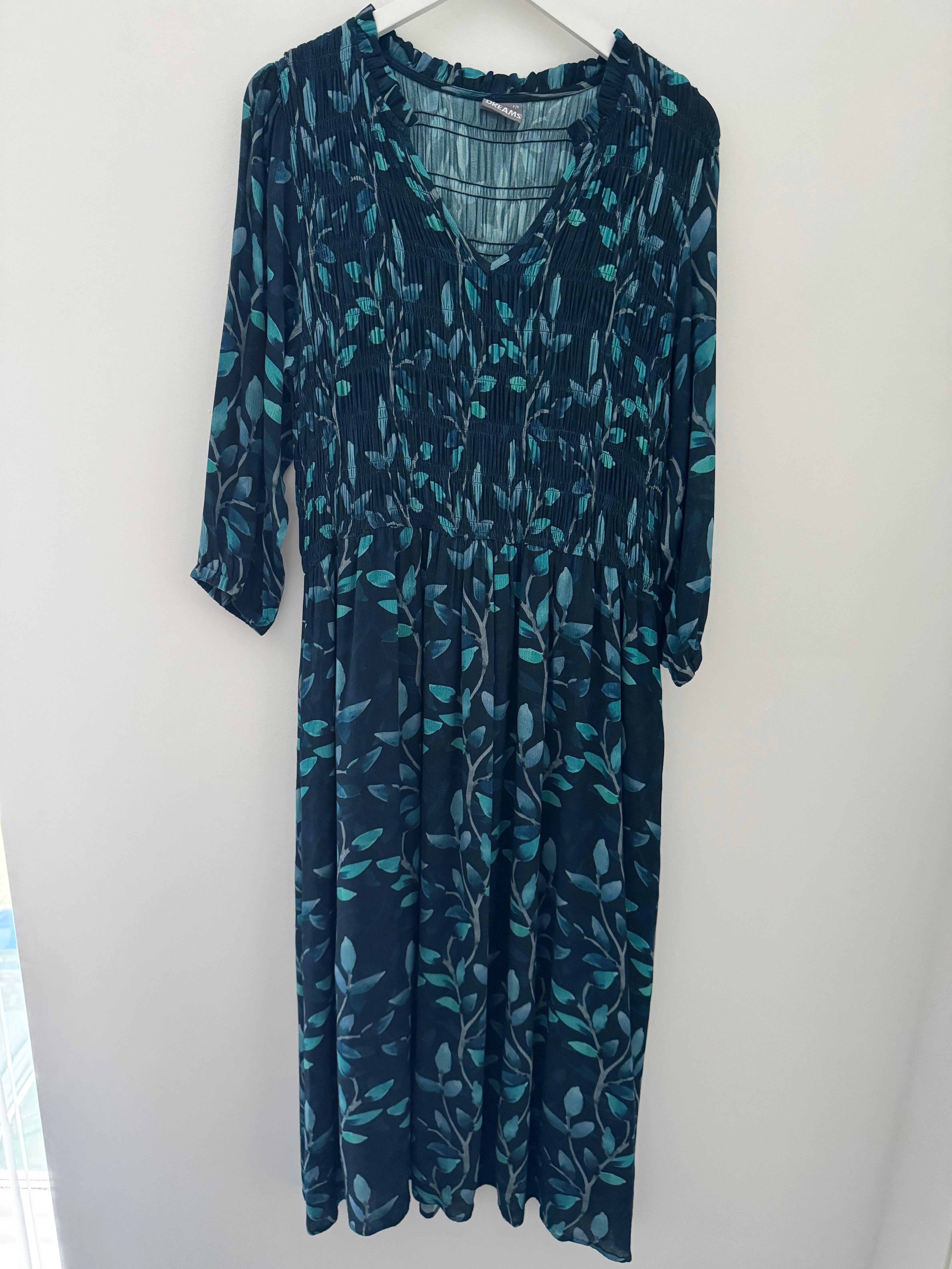 Leaf Print Dress with Shirred Bodice in Teal