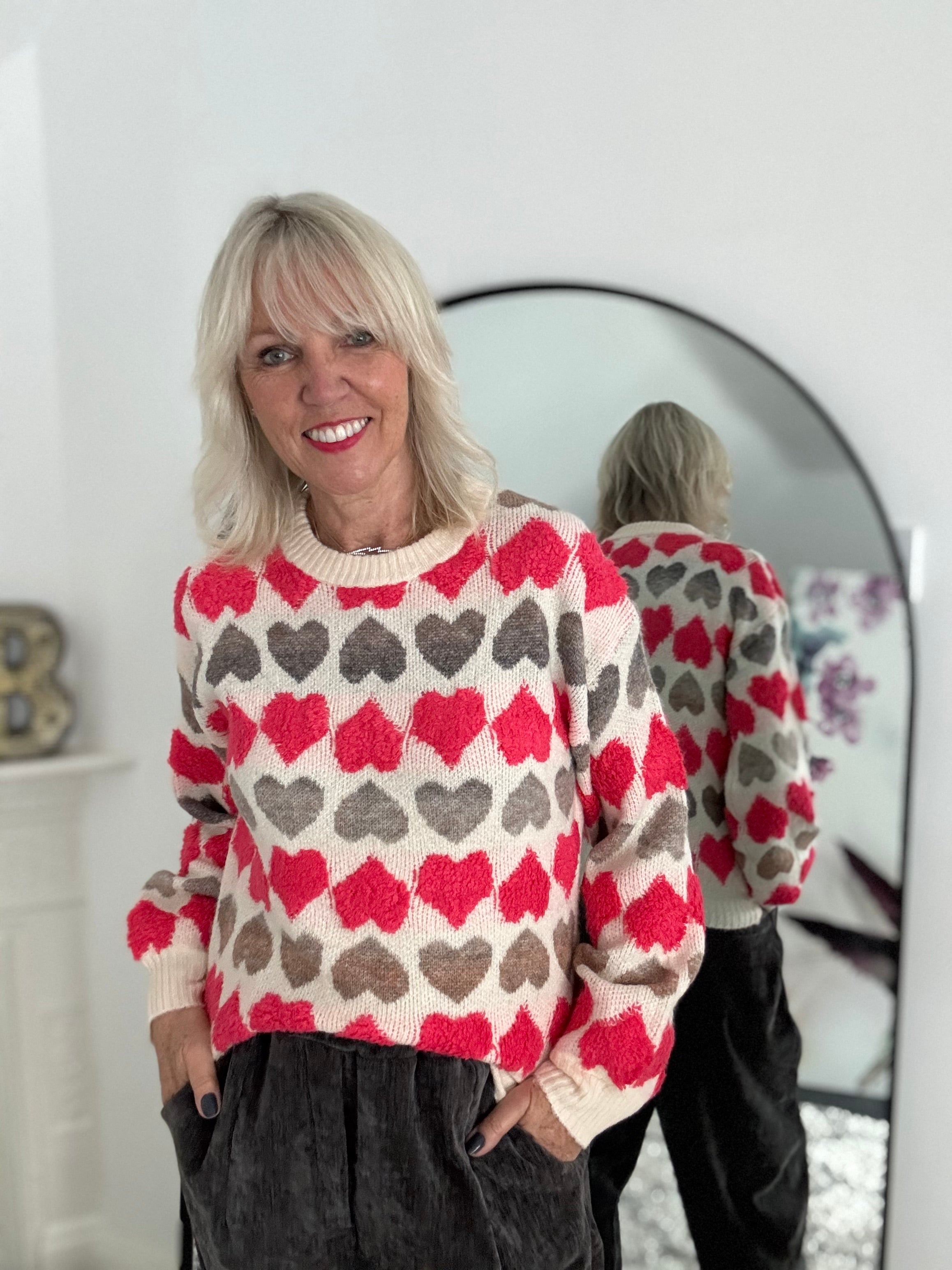 Hearts Sweater in Coral Red & Mocha