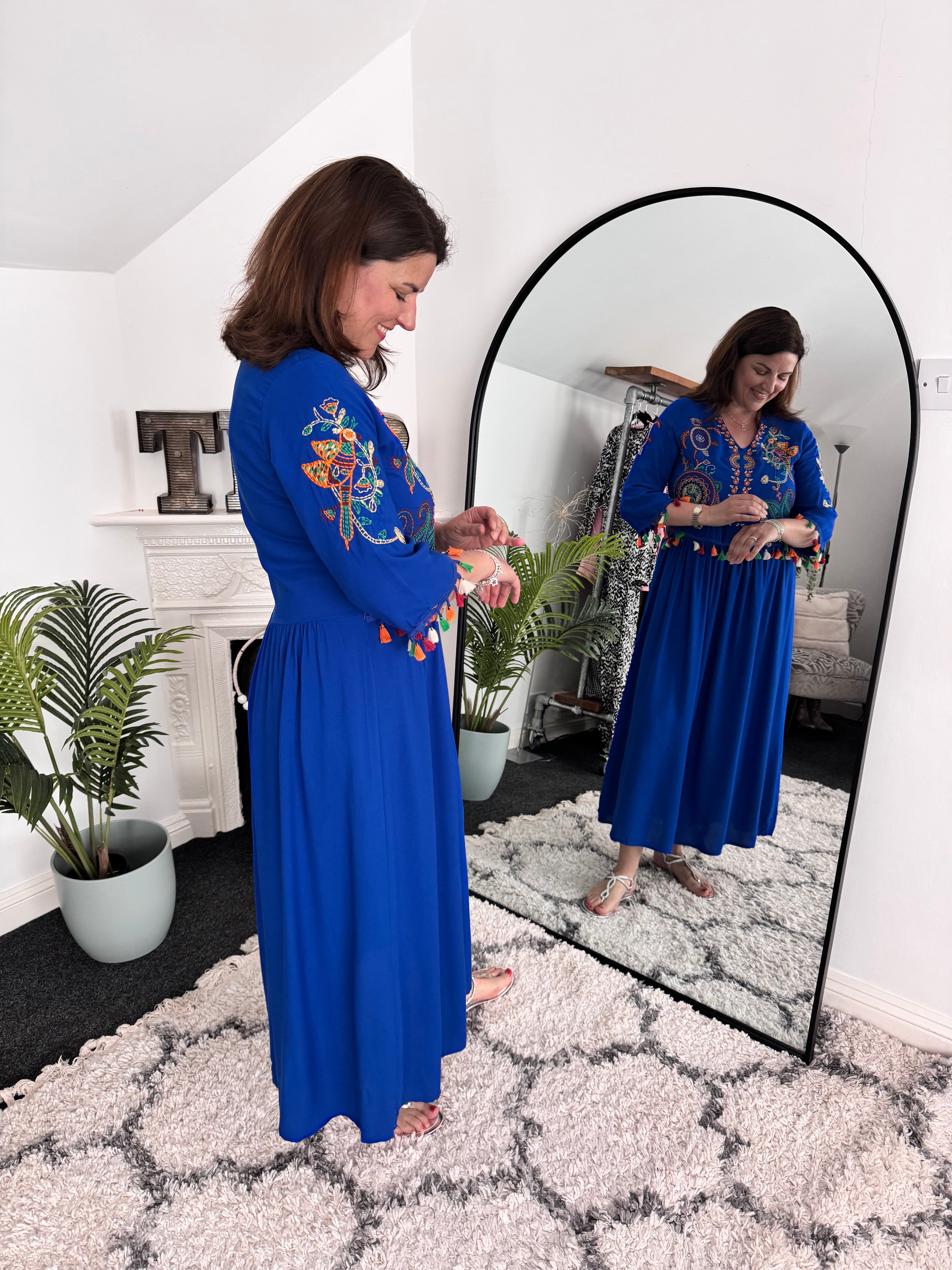Embroidered Midi Dress in Blue